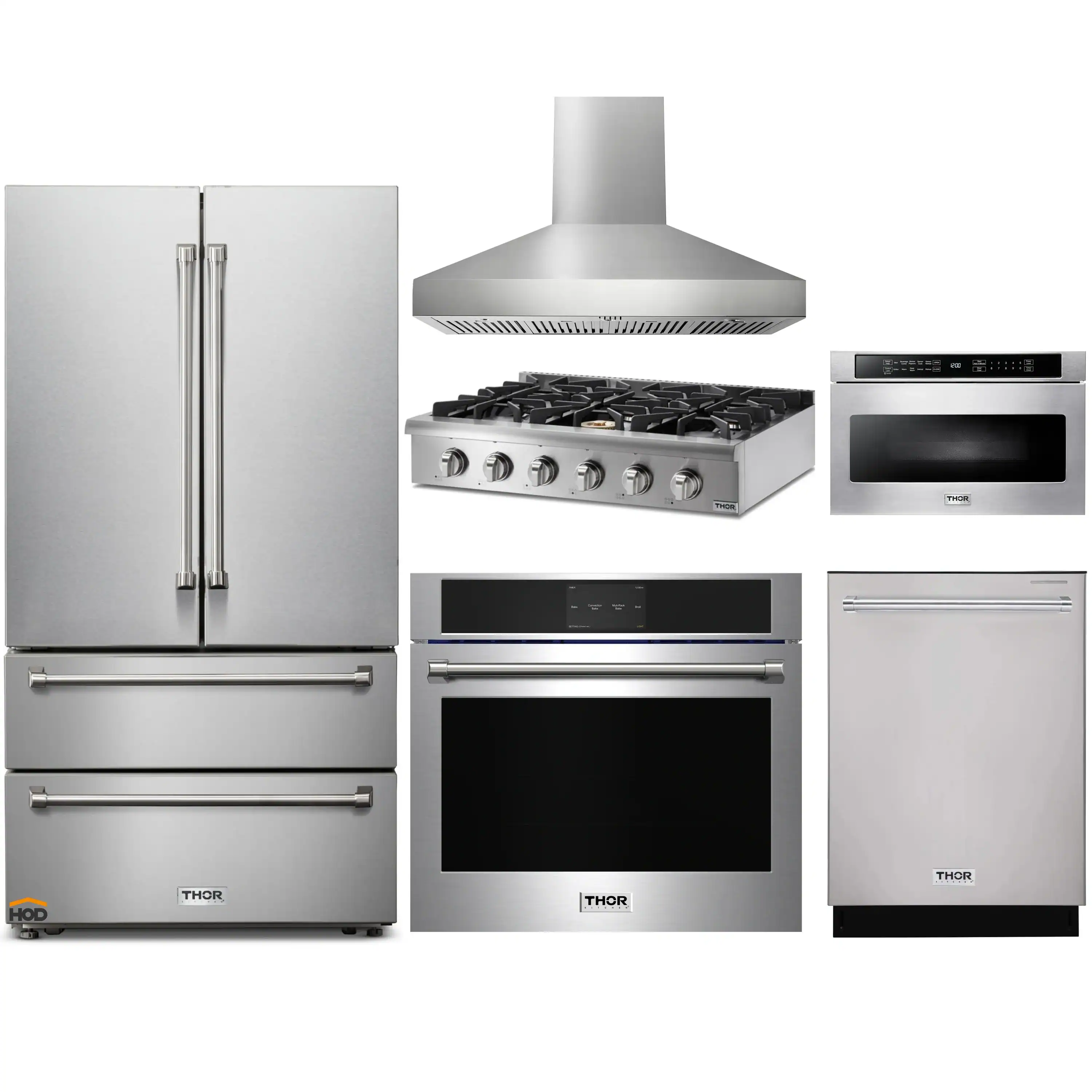Thor Kitchen 6-Piece Pro Appliance Package - 36-Inch Rangetop, Electric Wall Oven, Wall Mount Hood, Refrigerator, Dishwasher, & Microwave in Stainless Steel