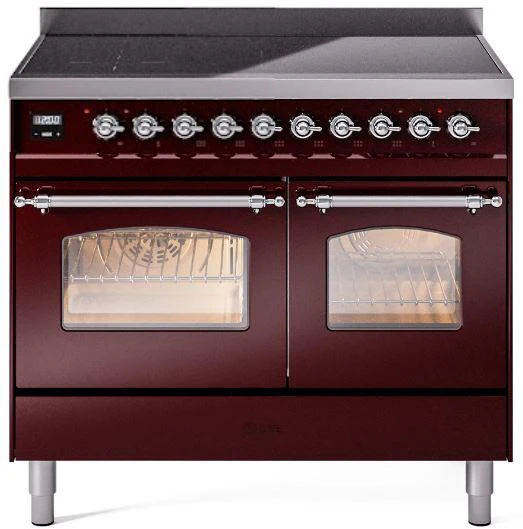 ILVE Nostalgie II 40-Inch Freestanding Electric Induction Range in Burgundy with Chrome Trim (UPDI406NMPBUC)