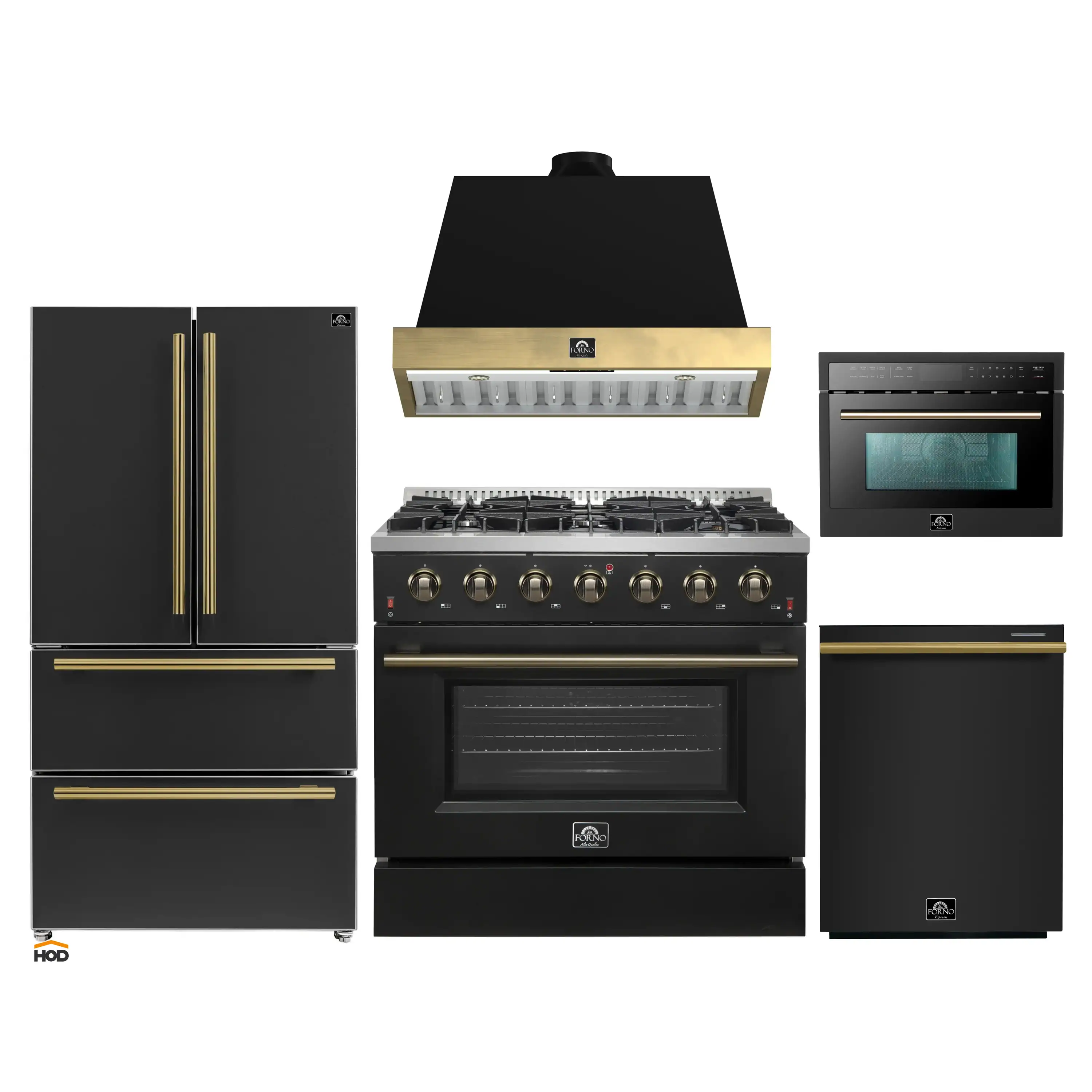 Forno Galiano 5-Piece Appliance Package - 36-Inch Gas Range, 36-Inch Hood, 36-Inch Refrigerator, 24-Inch Dishwasher, & 24-Inch Microwave Oven in Black with Antique Brass Trim