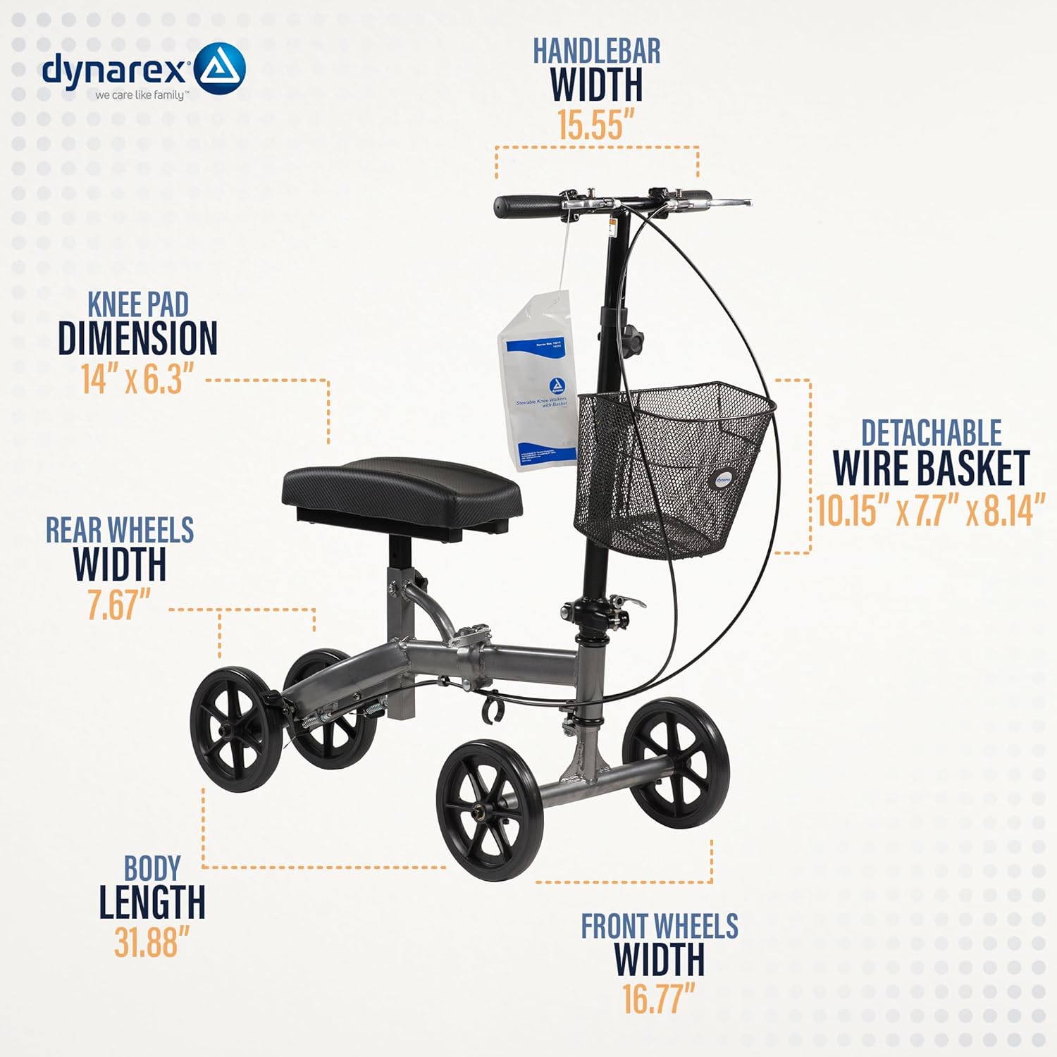Dynarex Steerable Knee Walker with Basket - Compact