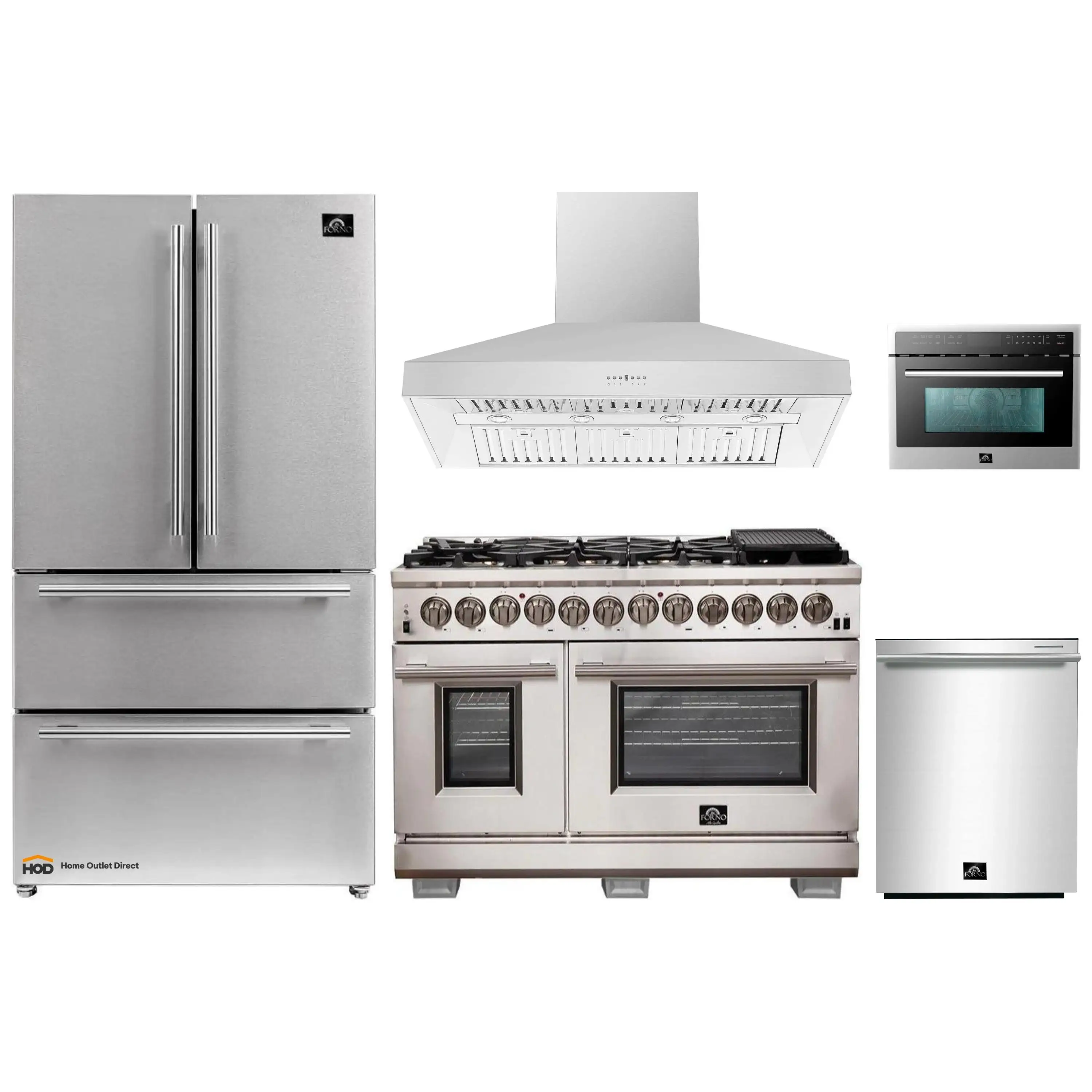 Forno 5-Piece Pro Appliance Package - 48-Inch Dual Fuel Range, Refrigerator, Wall Mount Hood, 24-Inch Microwave Oven, & 3-Rack Dishwasher in Stainless Steel