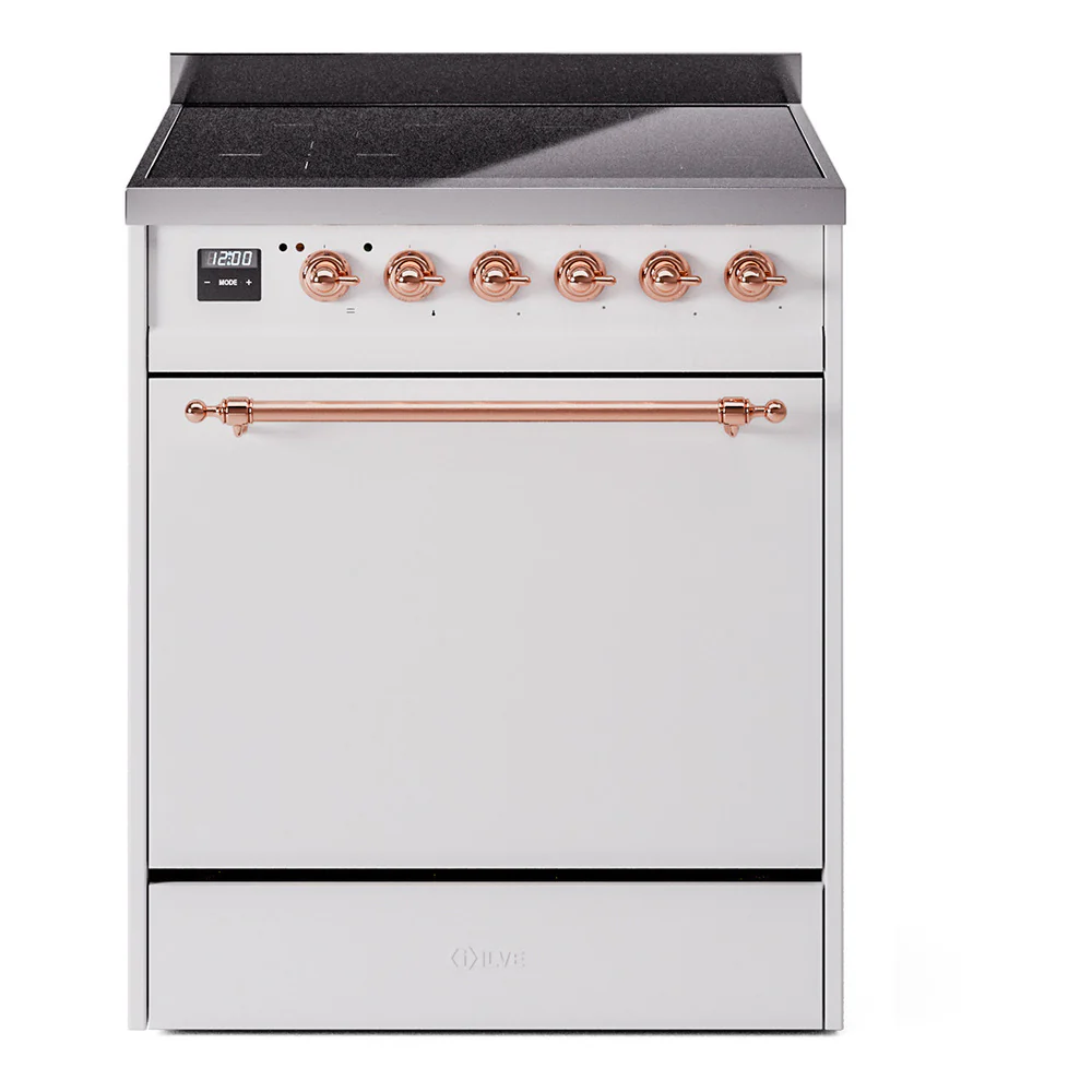ILVE 30-Inch Nostalgie II Induction Range with Solid Door Oven in White with Copper Trim (UPI304QNMPWHP)