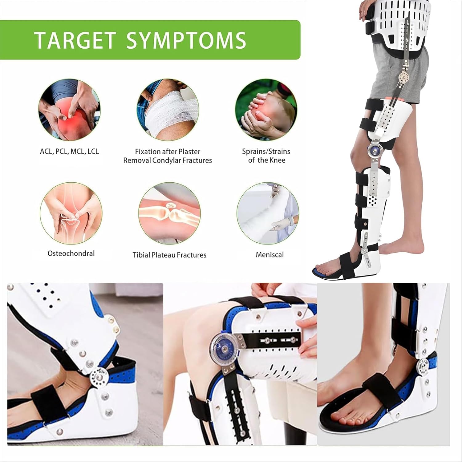 Professional Knee Support Brace with side stabilizers Adjustable Breathable Joint Fixed Brace Full Leg Hinged Brace Helps to Improve Balance Leg Stre Strong Stability for Sports, Workout(No ankle,Left