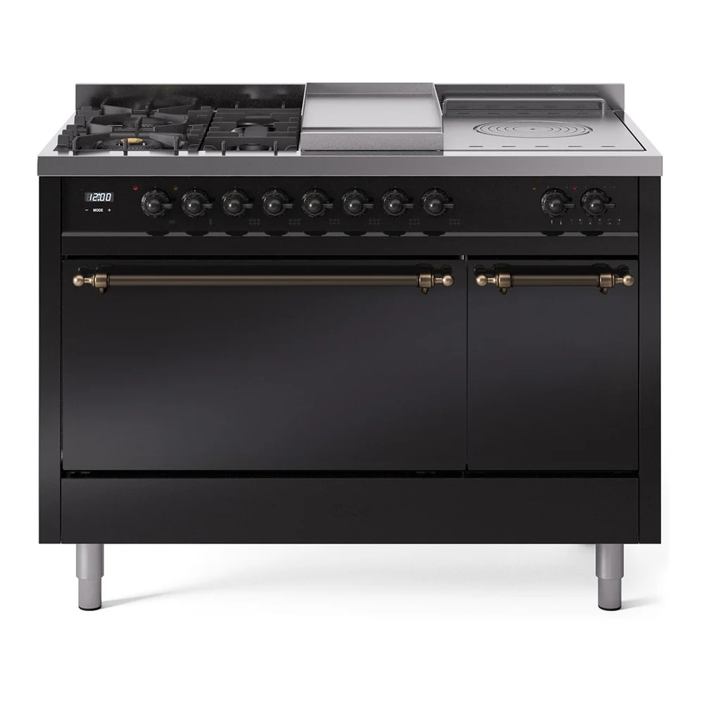 ILVE Nostalgie II 48-Inch Dual Fuel Range with 5 Burners, Griddle, & French Top, with Solid Door Oven in Glossy Black with Bronze Trim (UP48FSQNMPBKB)