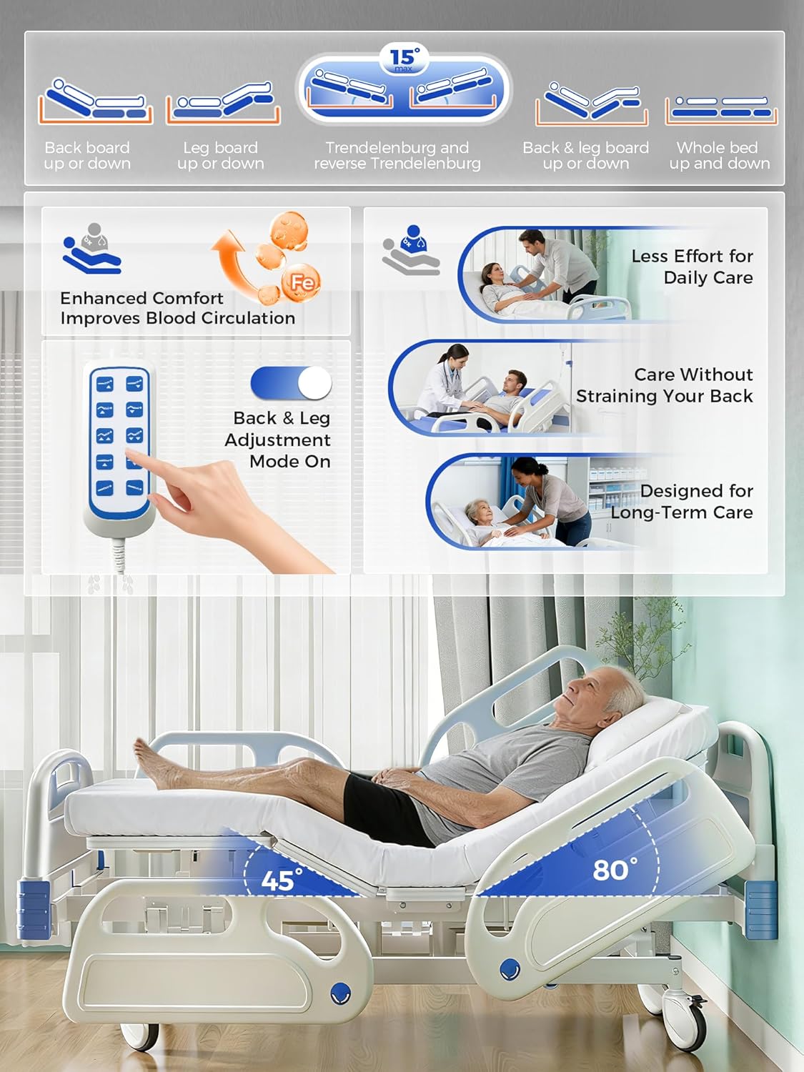 5 Function 600LBS Full Electric Hospital Bed, Beds for Home Use, Medical Bed for Seniors with Mattress, Adjustable Hospital, Frame, Medical Equipment, Special Needs Beds, IV Pole,