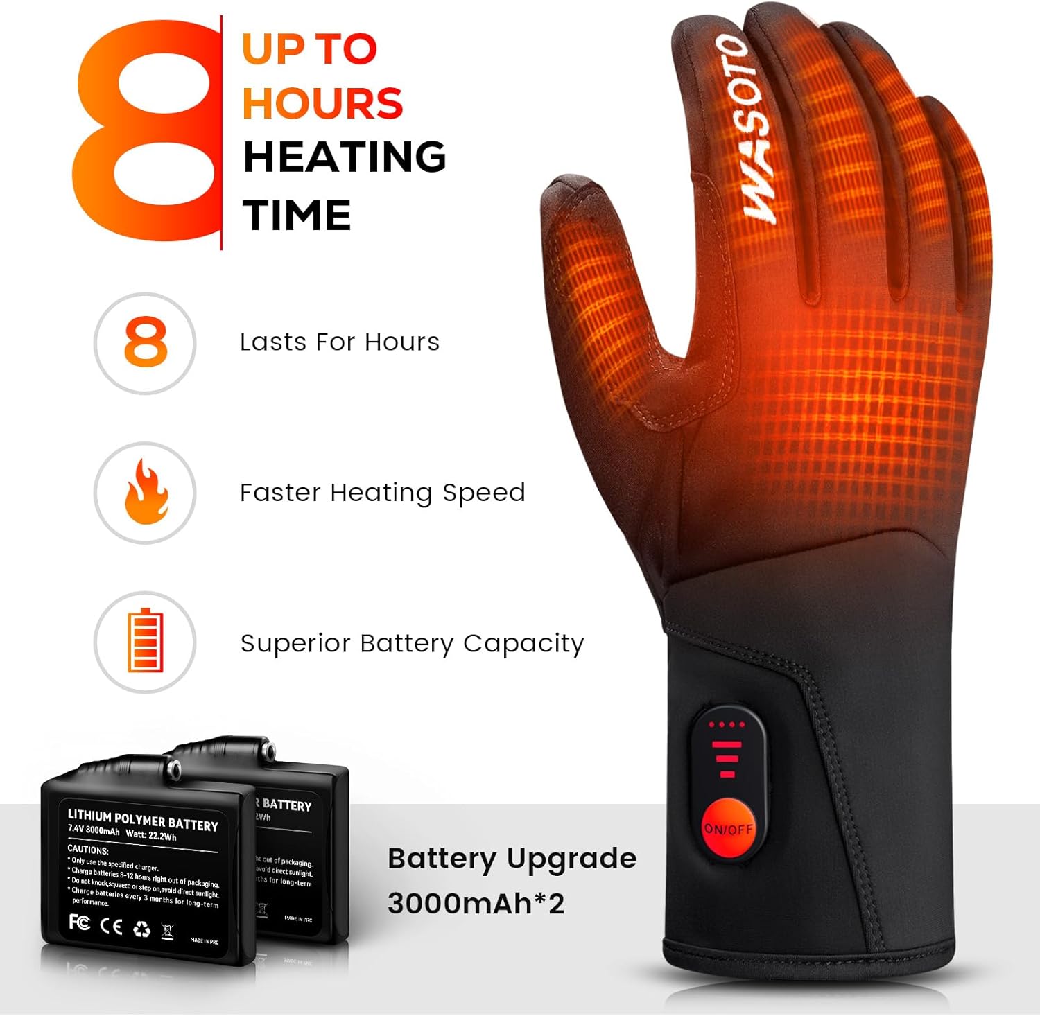 WASOTO Heated Gloves for Men Women,7.4V 22.2WH Electric Rechargeable Windproof Waterproof Touchscreen Heated Ski Gloves for Winter Outdoor Work Fishing Hiking Camping Cycling Driving Raynaud