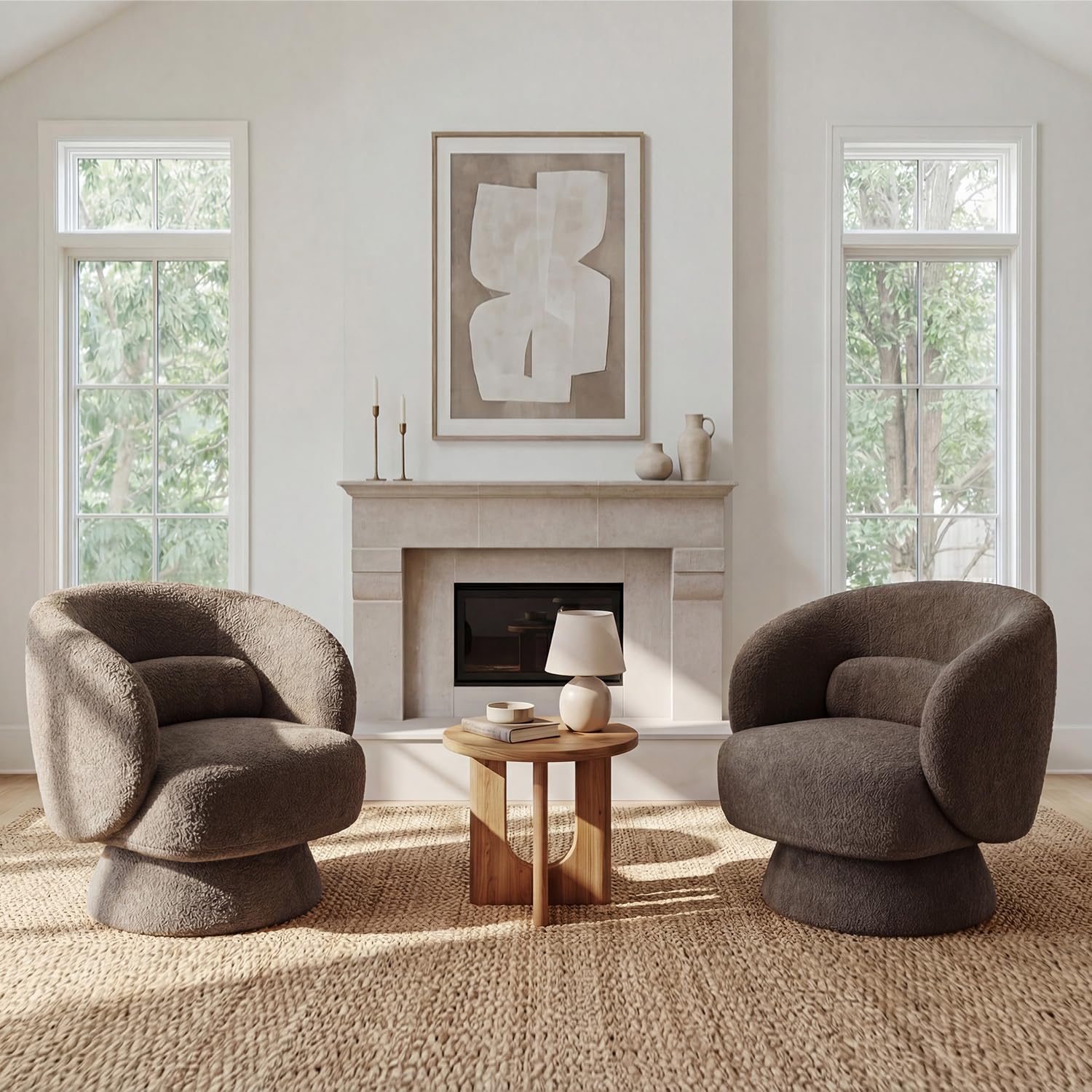 Swivel Accent Chair, Modern 360 Degree Swivel Barrel Chair with Arms & Curved Back and Lumbar Support Cushion, Comfy Round Single Boucle Sofa for Small Space, Living Room, Bedroom, Brown