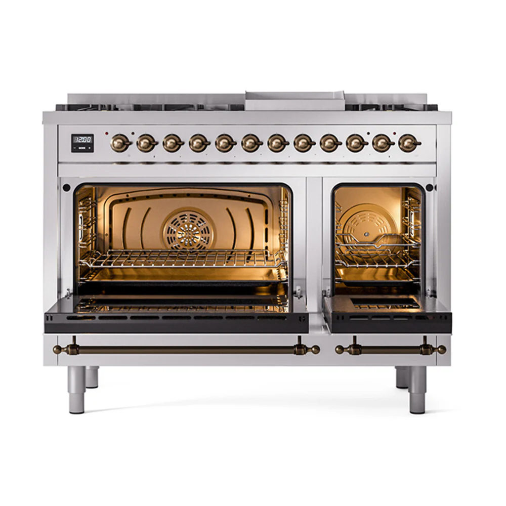 ILVE Nostalgie II Noblesse 48-Inch Dual Fuel Freestanding Range with Solid Door Oven in Stainless Steel with Bronze Trim (UN48FQNMPSSB)