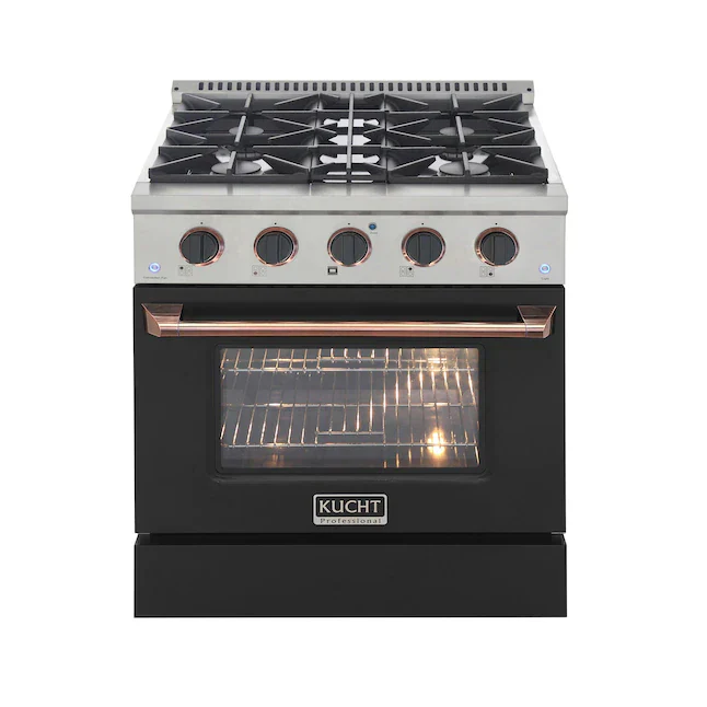 Kucht Signature 30-Inch Propane Gas Range with Convection Oven in Black with Black Knobs & Rose Gold H&le (KNG301/LP-K-ROSE)