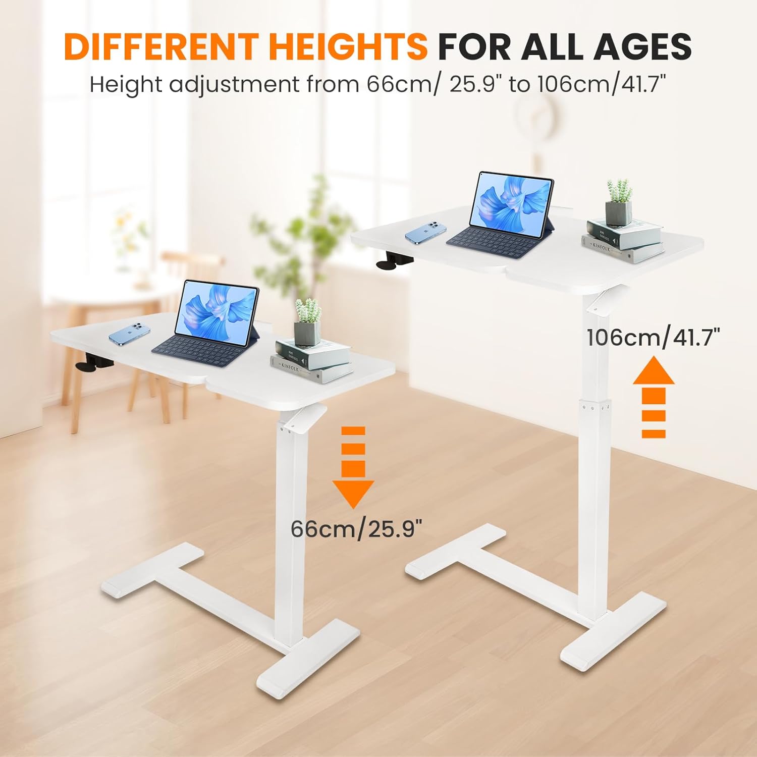Adjustable Pneumatic Overbed Bedside Table with Wheels Split Top Tilting Mobile Standing Desk Portable Computer Cart Movable Desk Hospital Home Office Use (15.7