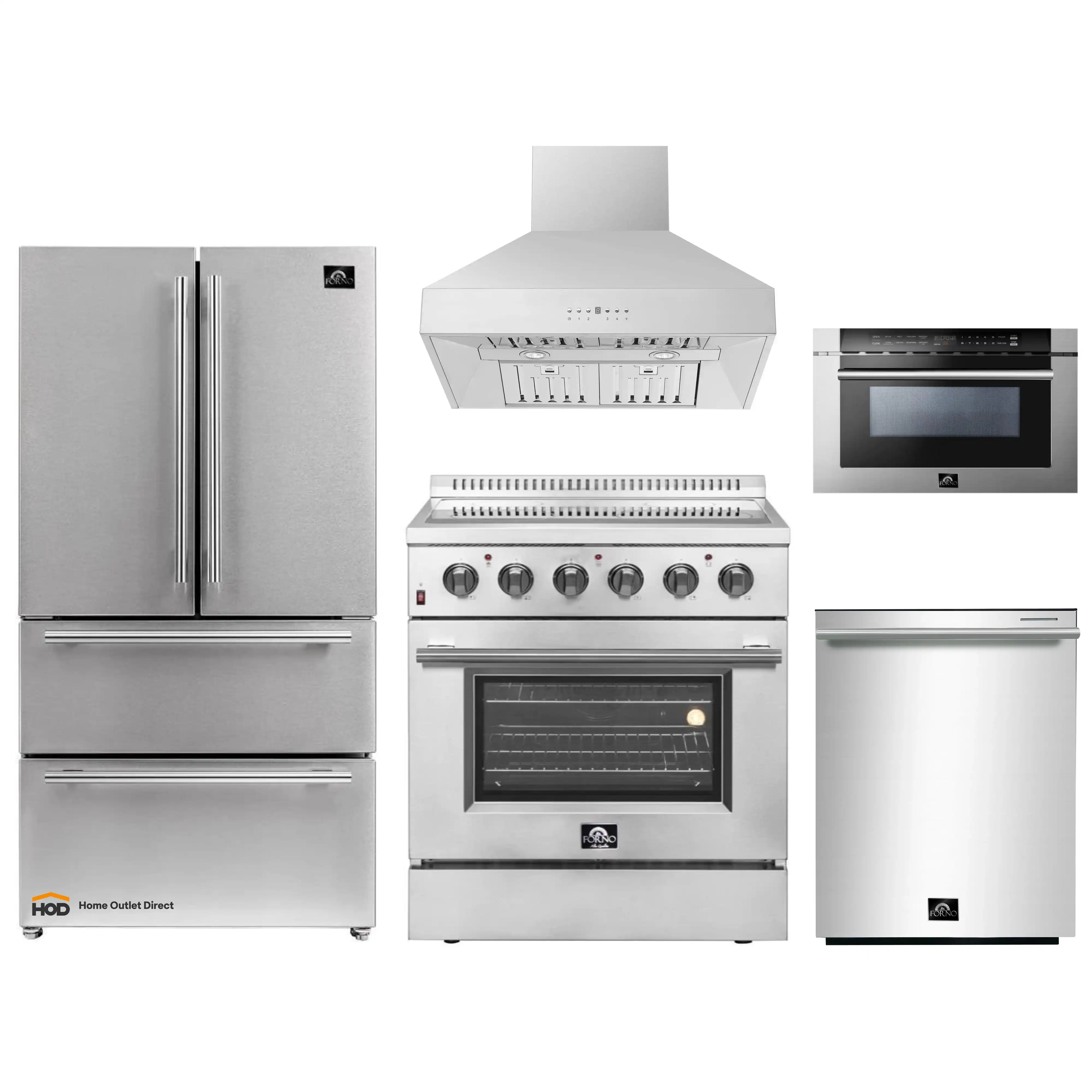 Forno 5-Piece Appliance Package - 30-Inch Electric Range, Wall Mount Range Hood, French Door Refrigerator, Dishwasher, and 24-Inch Microwave Drawer in Stainless Steel