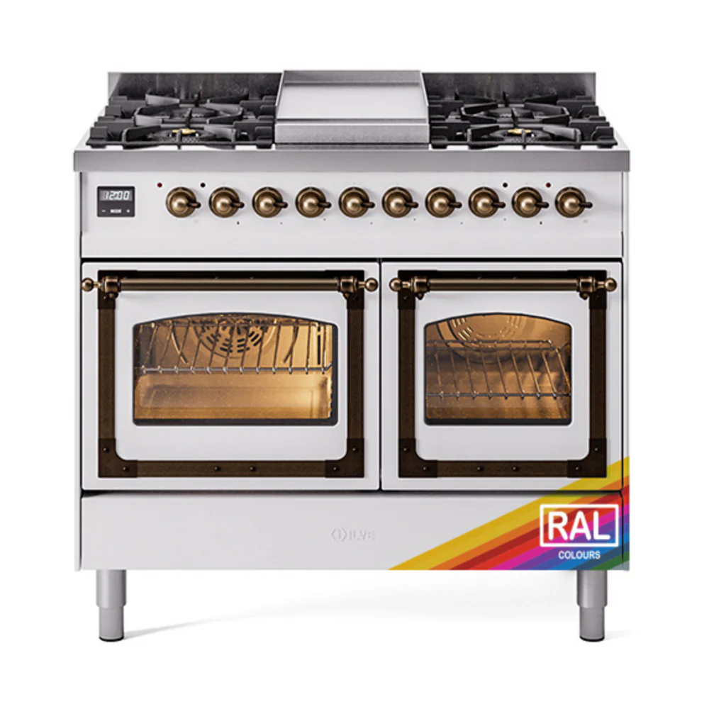 ILVE 40-Inch Nostalgie II Noblesse Dual Fuel Range with Triple Glass Door Oven in Custom RAL with Bronze Trim (UND40FNMPRAB)