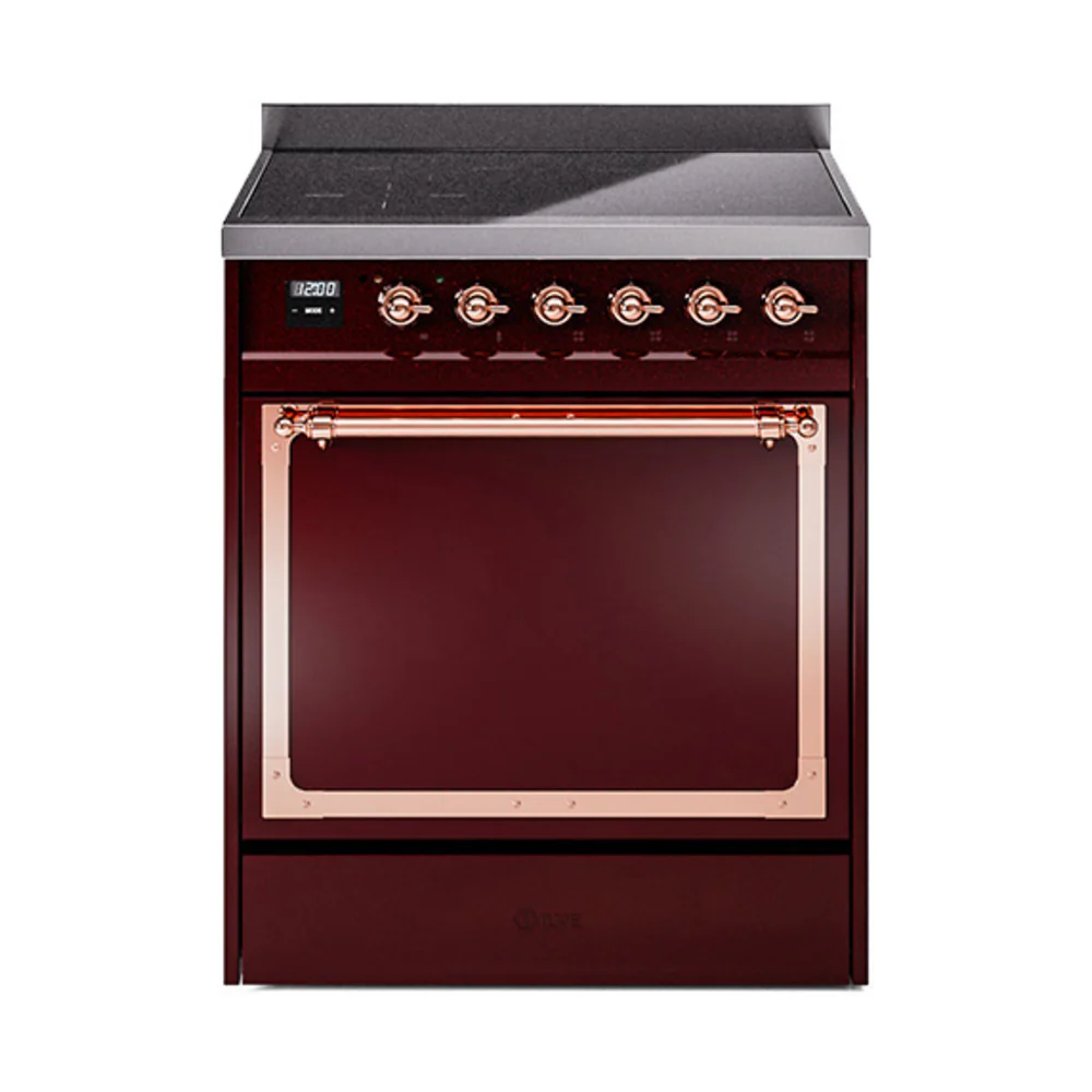 ILVE 30-Inch Nostalgie II Noblesse Induction Range with Solid Door Oven in Burgundy with Copper Trim (UNI304QNMPBUP)