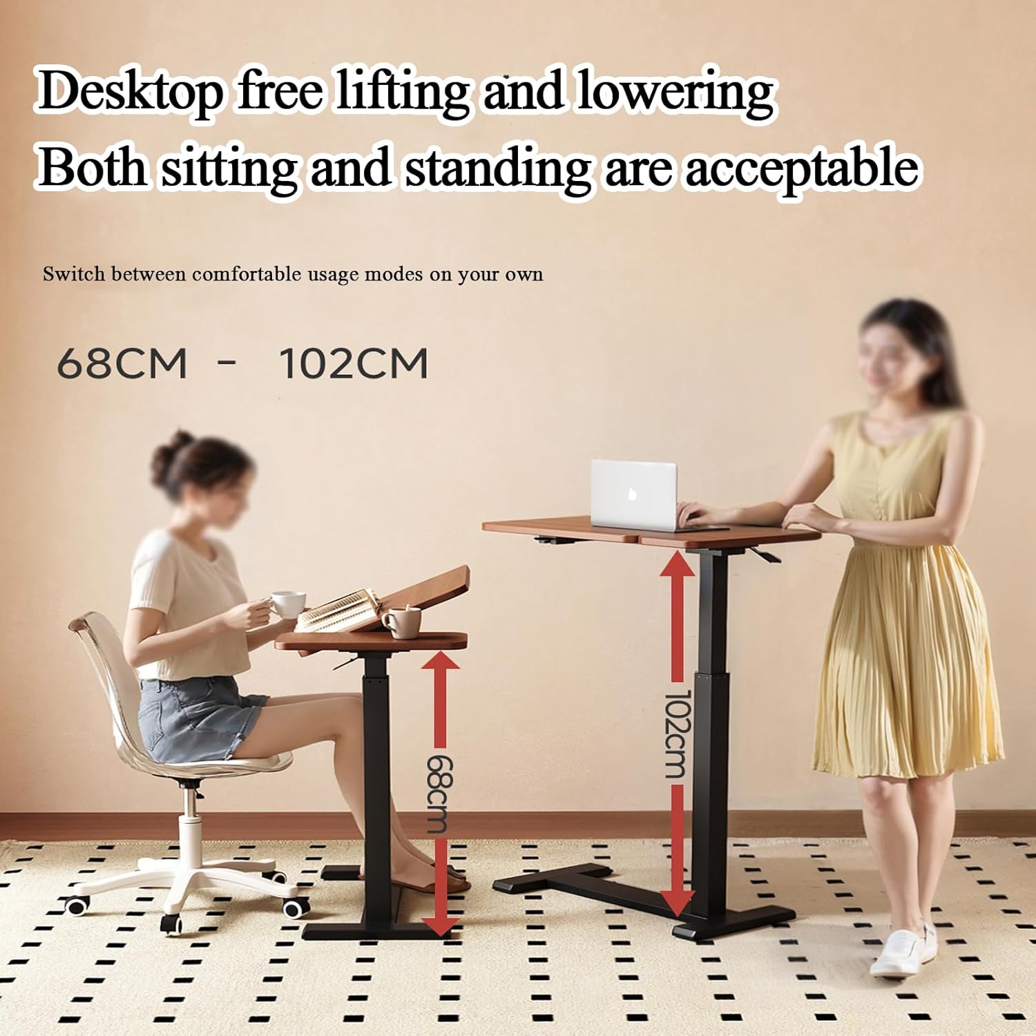 ELQ Solid Wood Overbed Bedside Table with Wheels, Adjustable Tilt Hospital Bed Table with Hidden Casters, Pneumatic Lifting, for Bedroom, Hospital, Couch, Office