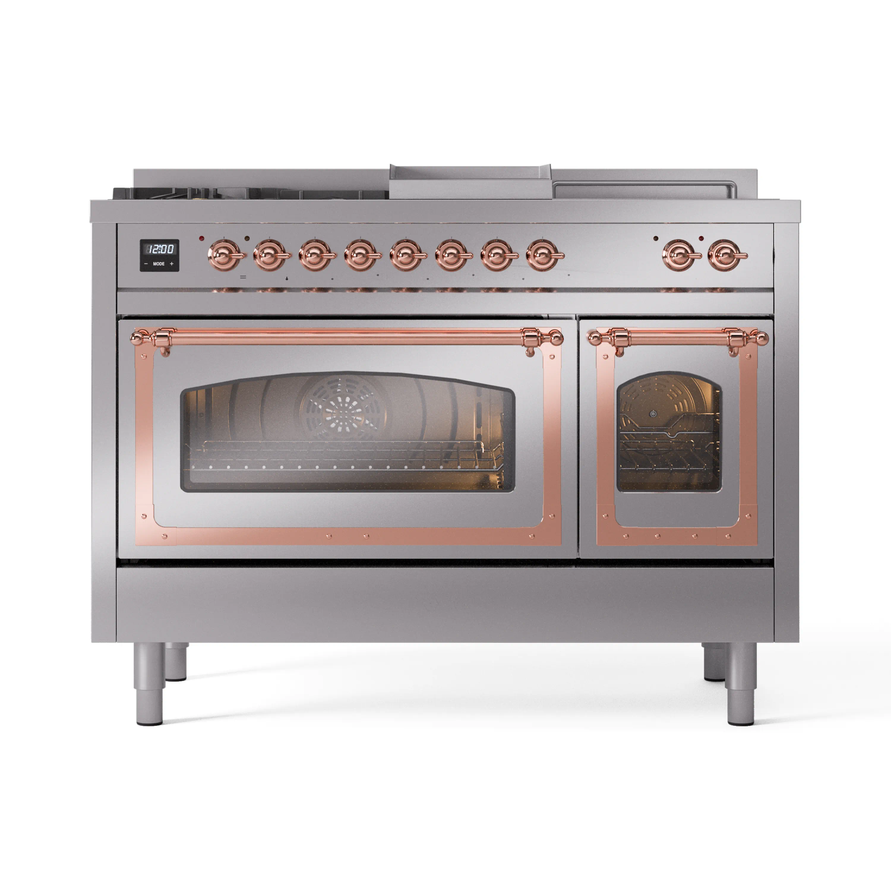 ILVE 48-Inch Nostalgie II Noblesse Dual Fuel Range with 5 Sealed Burners, Griddle, French Top and Triple Glass Door Oven in Stainless Steel with Copper Trim (UN48FSNMPSSP)