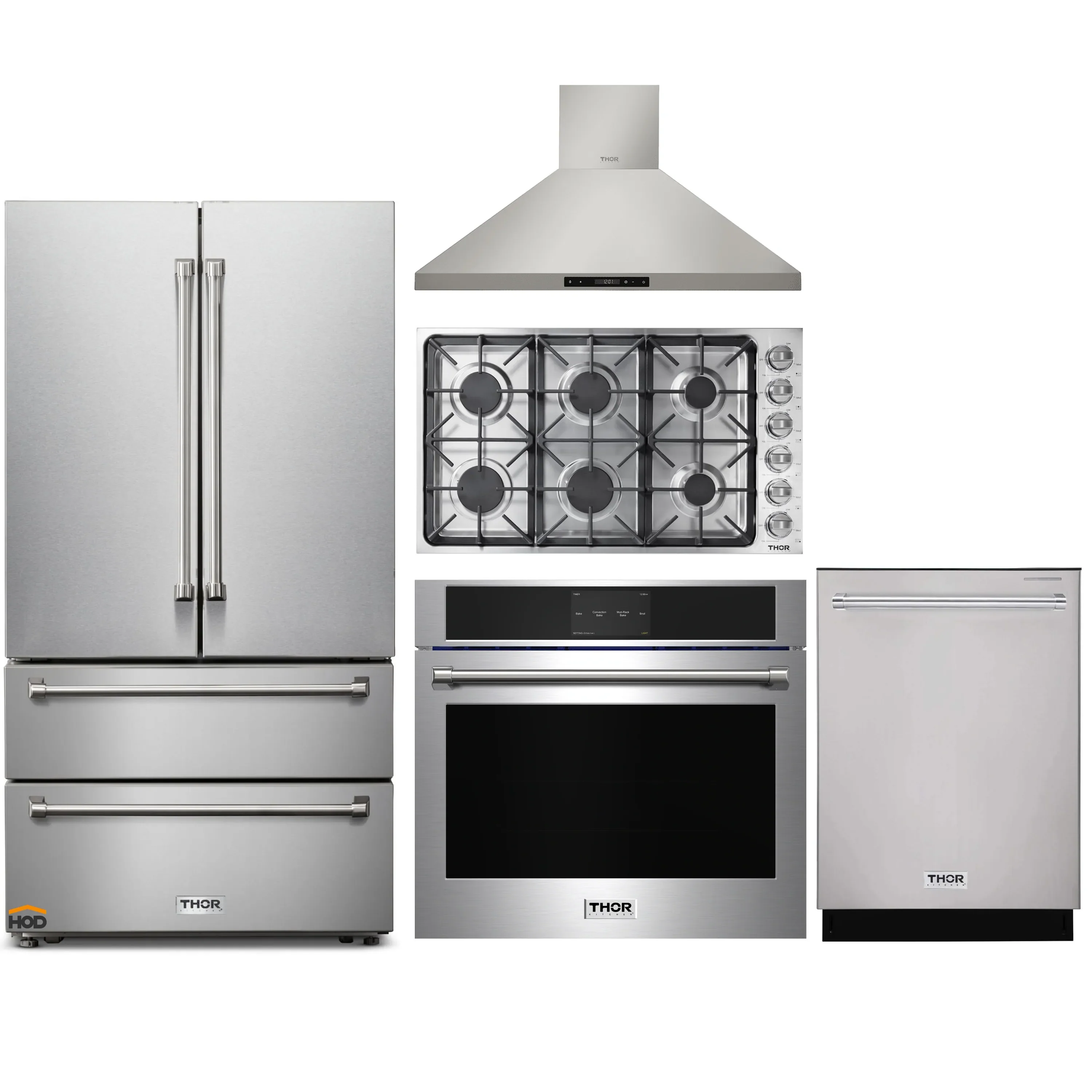 Thor Kitchen 5-Piece Pro Appliance Package - 36-Inch Gas Cooktop, Electric Wall Oven, Wall Mount Hood, Dishwasher, & Refrigerator in Stainless Steel