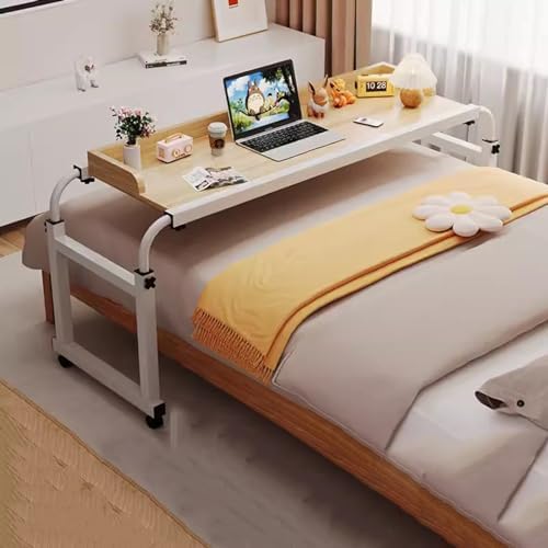 Medical Table with Wheels，Over Bed Desk Height Adjustable 65-95cm Food Tray Desk Laptop Cart Over Bed Desk Standing Over Bed Table King Size Portable Desk(Color:Wood)