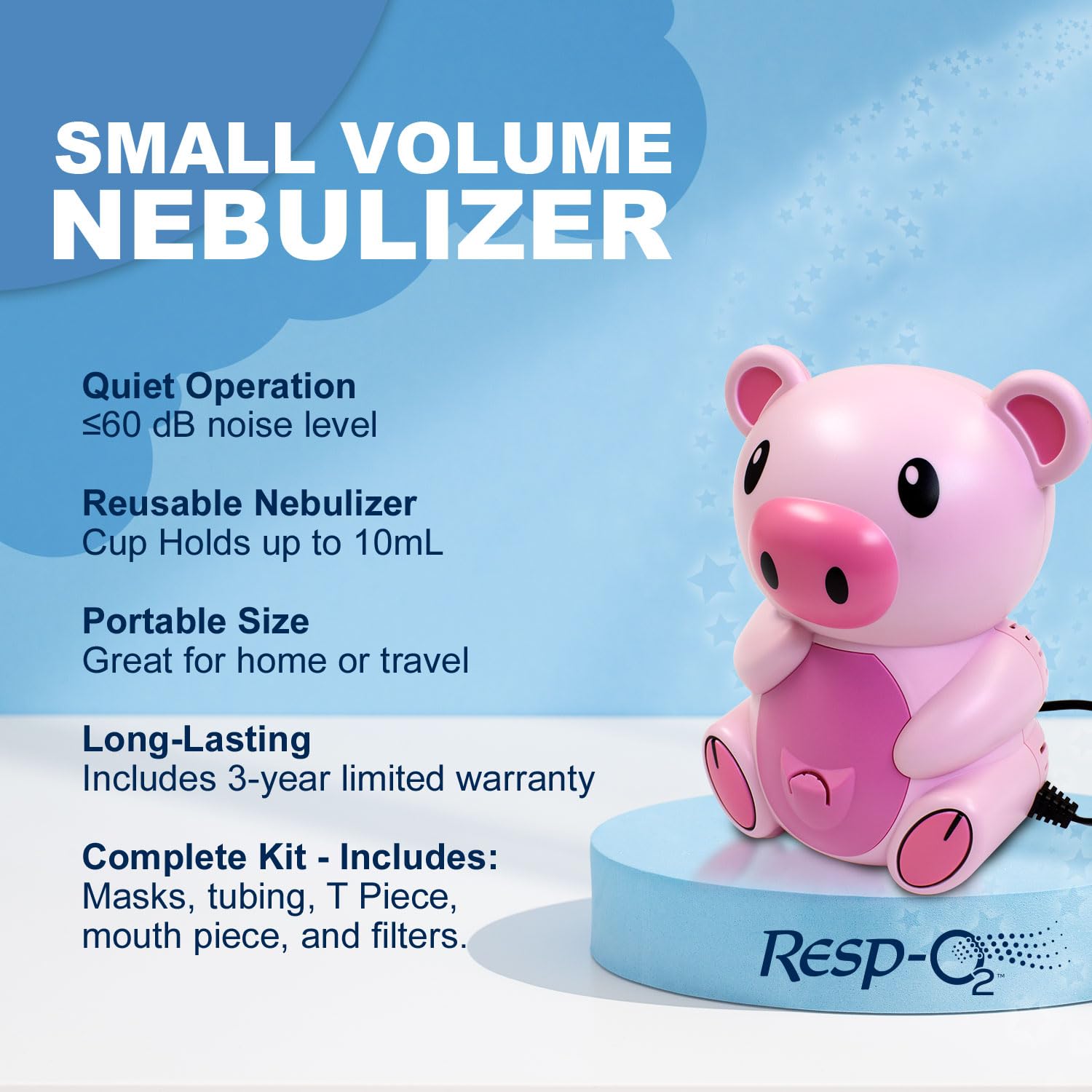 Dynarex Resp-O2 Pediatric Nebulizer for Kids - Portable Compressor, Asthma Relief, Quiet Operation - Pig Design, Case of 4 Child Nebulizer