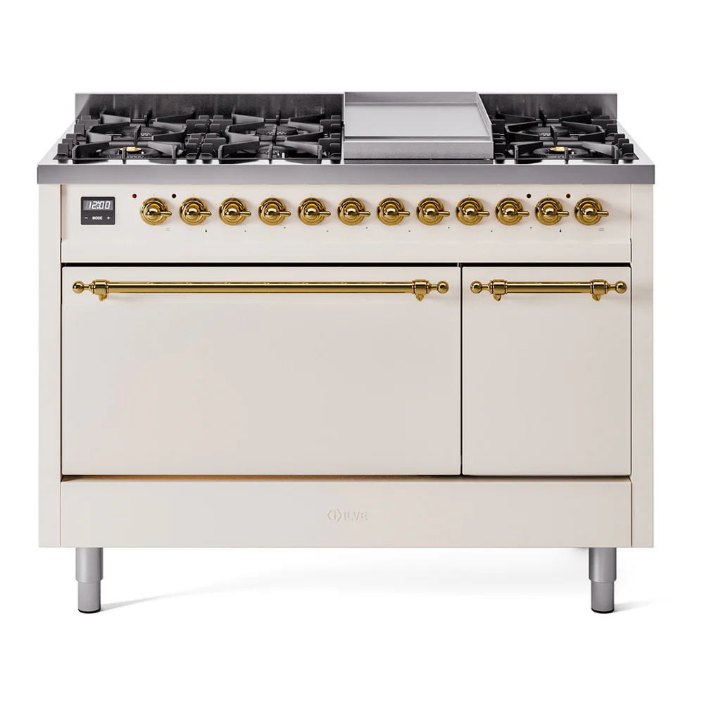 ILVE 48-Inch Nostalgie II Dual Fuel Range with 8 Burners, Griddle, and Solid Door Oven in Antique White with Brass Trim (UP48FQNMPAWG)