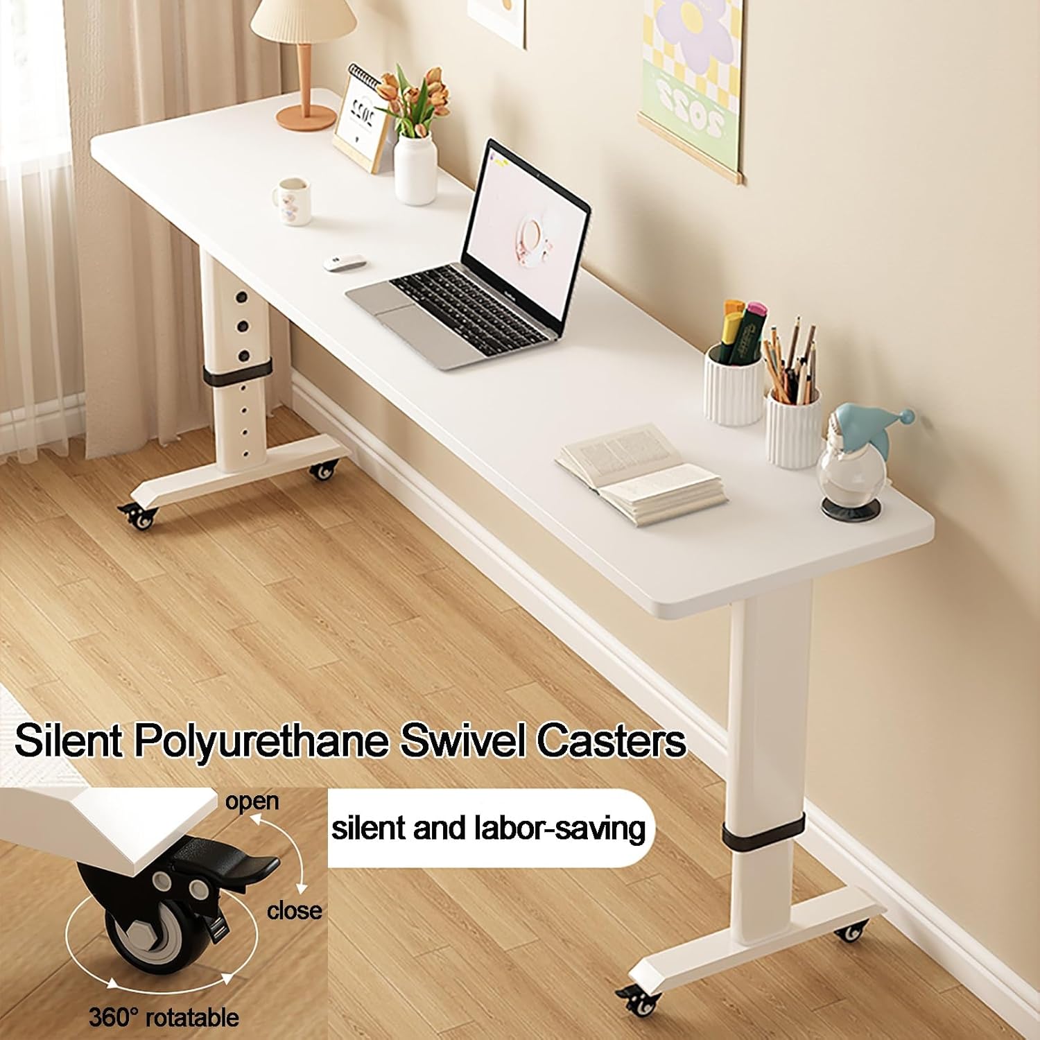 360°Swivel Overbed Table with Wheels,Adjustable Height Mobile Bed Desk,Heavy Duty Metal Leg Rolling Laptop Table for Hospital Home Use Standing Desk Compatible(120x50x68cm, Golden Oak)