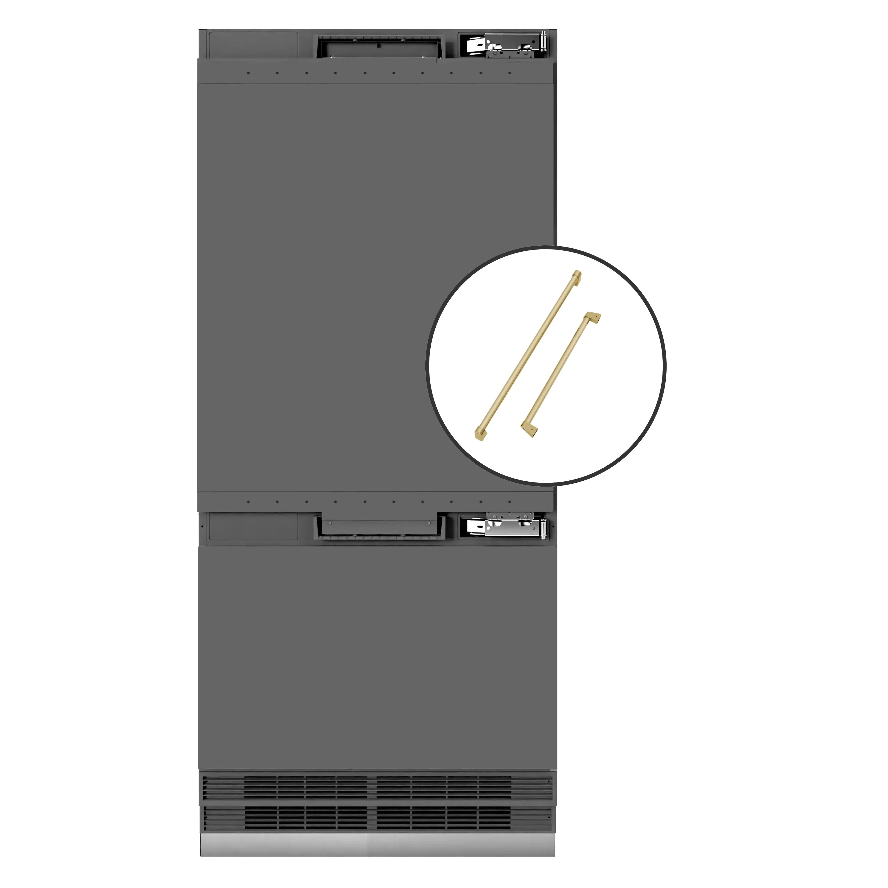 ZLINE Autograph Edition 36-Inch 19.8 Cu. Ft. Built-In Bottom Freezer Refrigerator with Water Dispenser and Ice Maker in Panel Ready with Graphite Gray Interior and Polished Gold Accents (GRBITZ-36-G)