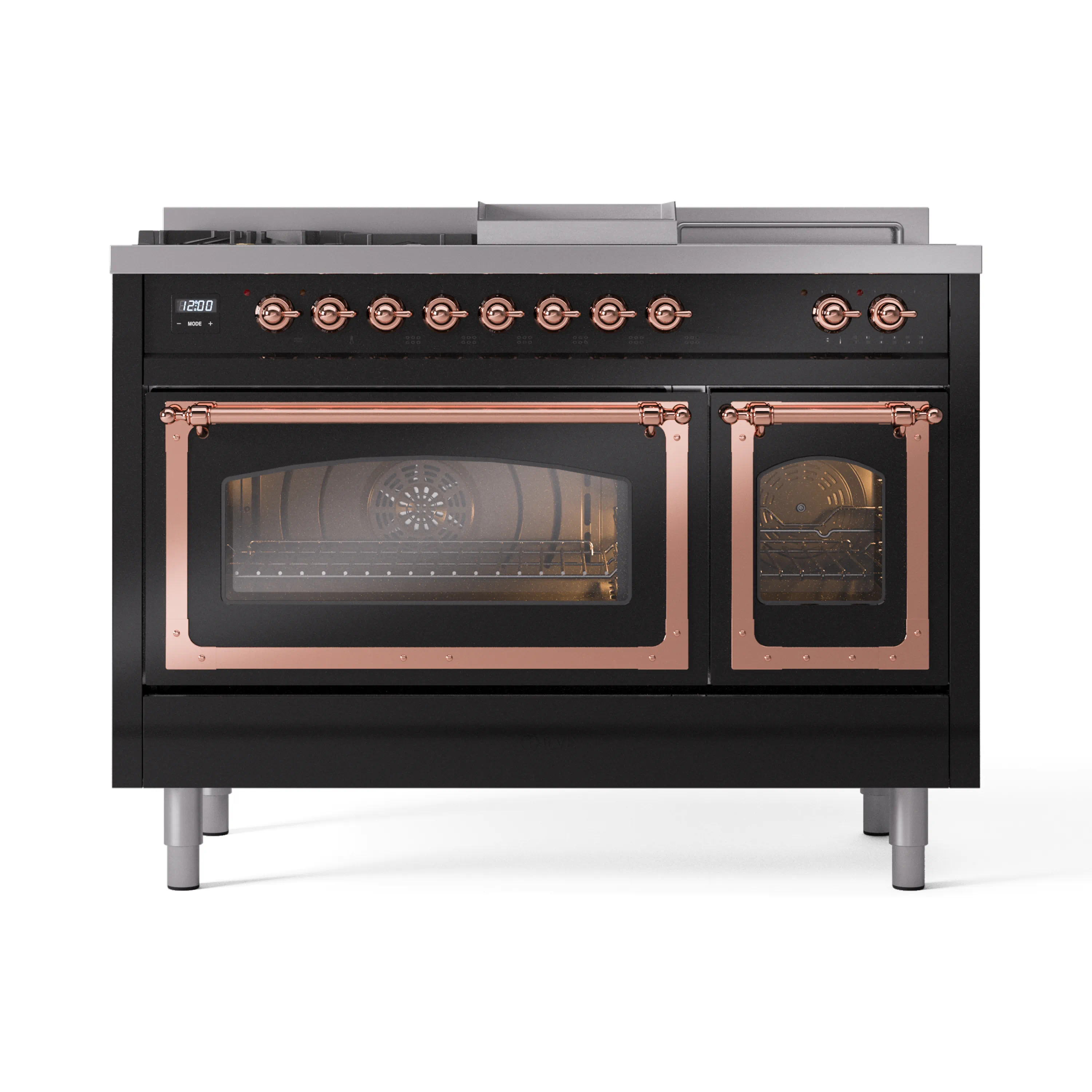 ILVE Nostalgie II Noblesse 48-Inch Dual Fuel Range with 5 Burners, Griddle, & French Top with Triple Glass Door Oven in Glossy Black with Copper Trim (UN48FSNMPBKP)