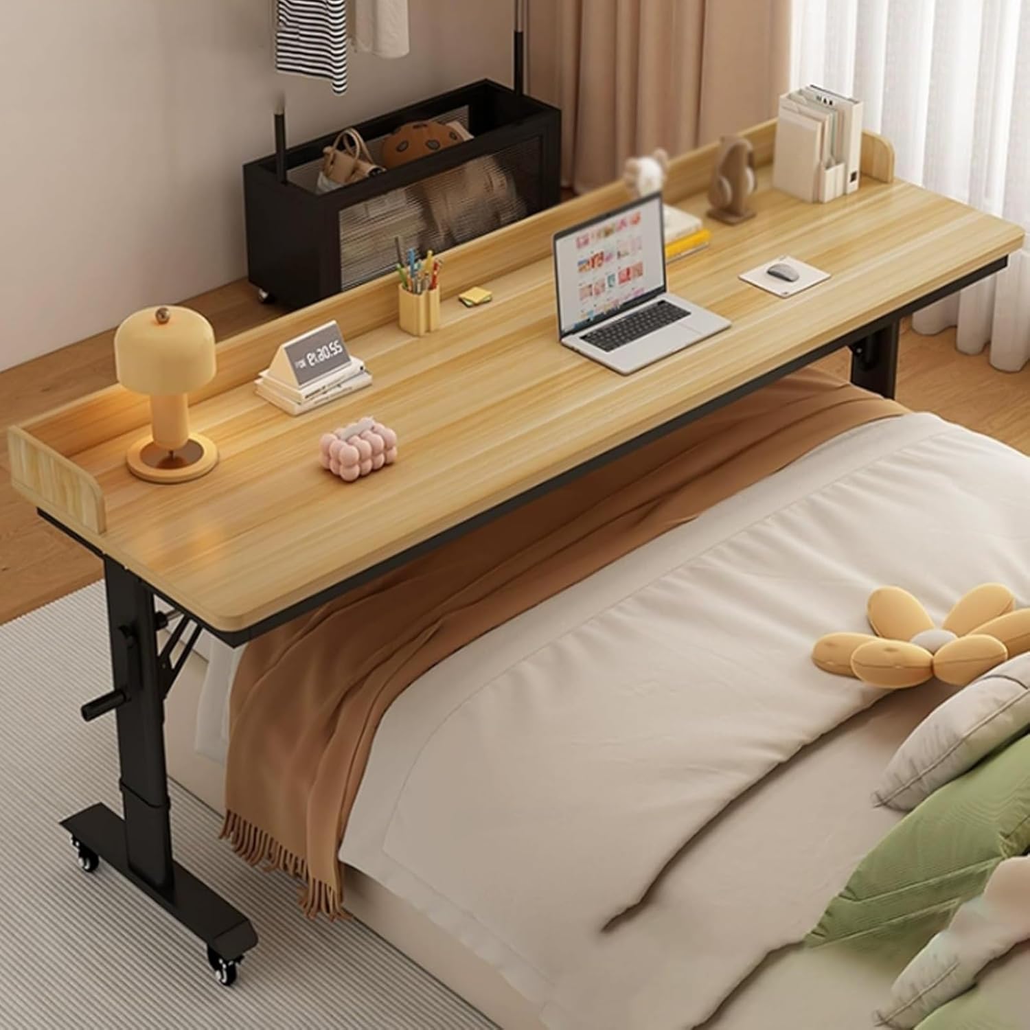 Adjustable Height Overbed Table for Laptop with Wheels, Over The Bed Working Table with Baffles and Hand Crank, Portable Mobile Laptop Cart for Bedroom Work(Natural+Black,240x40cm)