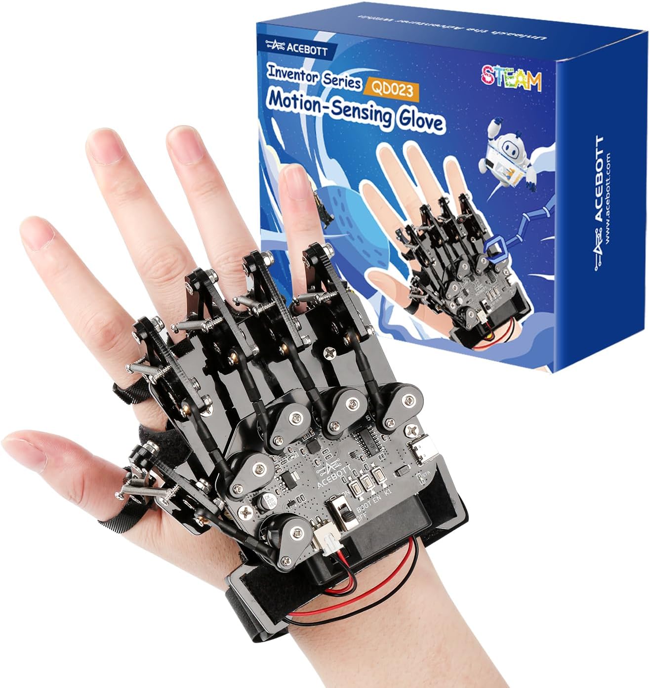 ESP32 Motion-Sensing Glove Supports Arduino, ACECode & Python，DIY Robotic Mechanical Hand STEM Toy Starter Kit Five Fingers Arm for Robot Kit Control, Science/Coding/Programming Set