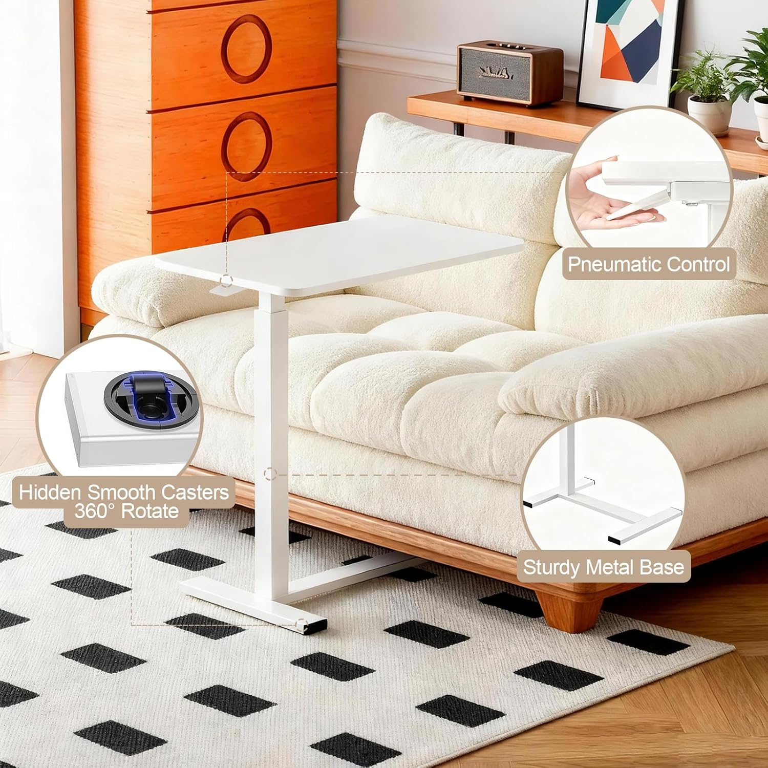 15.8''Wx31.5'D'x37.1''H Pneumatic Hospital Bed Table Adjustable End Table, Overbed Bedside Table with Wheels,Rolling Bedside Desk,Medical Desk Laptop Cart for Hospital Home Use,White