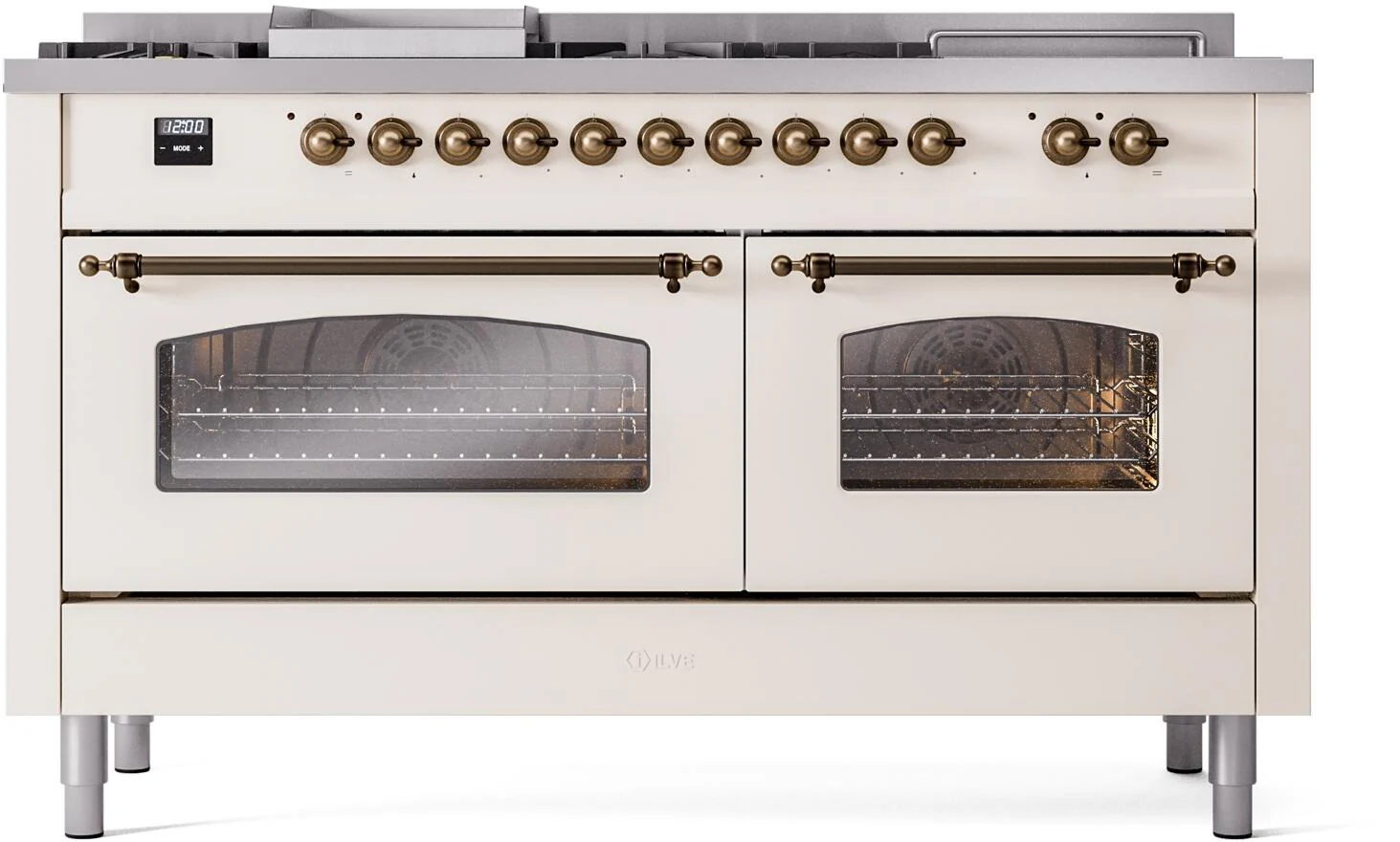 ILVE Nostalgie II 60-Inch Dual Fuel Range with 7 Burners, Griddle, & French Top with Triple Glass Door Oven in Antique White with Bronze Trim (UP60FSNMPAWB)