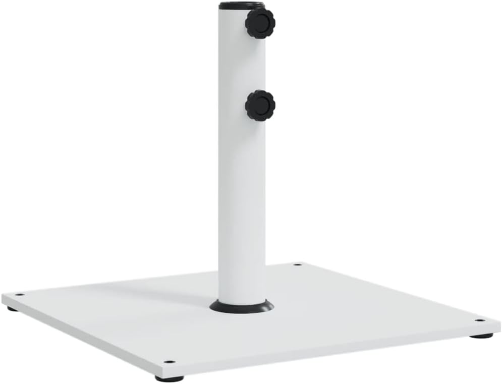 White Steel Parasol Base with Adjustable Armrests and Pole Adapters for Outdoor Umbrella Support, Medium Square Design for Patio, Garden, and Balcony Stability