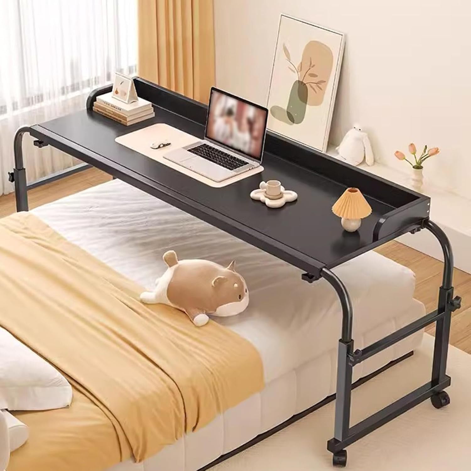 Overbed Portable Desk with Castor Wheels,Height Adjustable Computer Workstation Over Bed Table with Desktop Baffle Food Tray Desk Rolling Medical Table Overbed Table