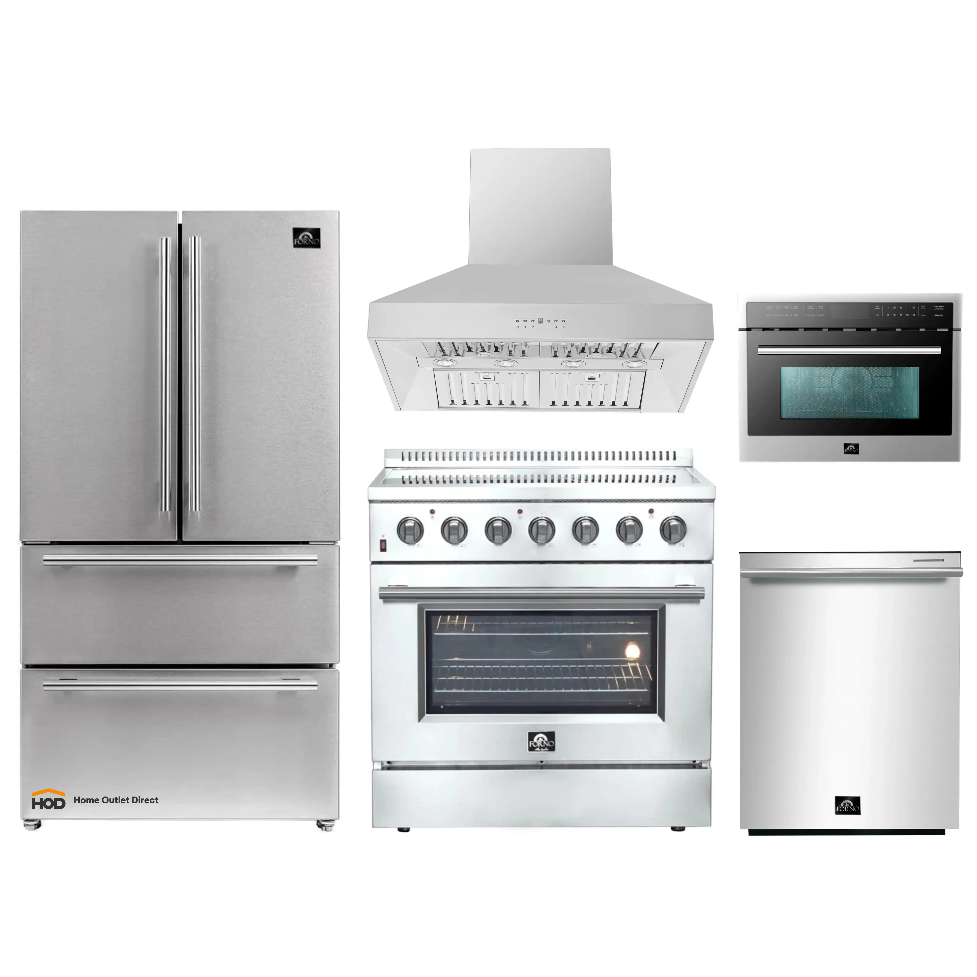 Forno 5-Piece Appliance Package - 36-Inch Electric Range, Wall Mount Range Hood, French Door Refrigerator, Dishwasher, and 24-Inch Microwave Oven in Stainless Steel