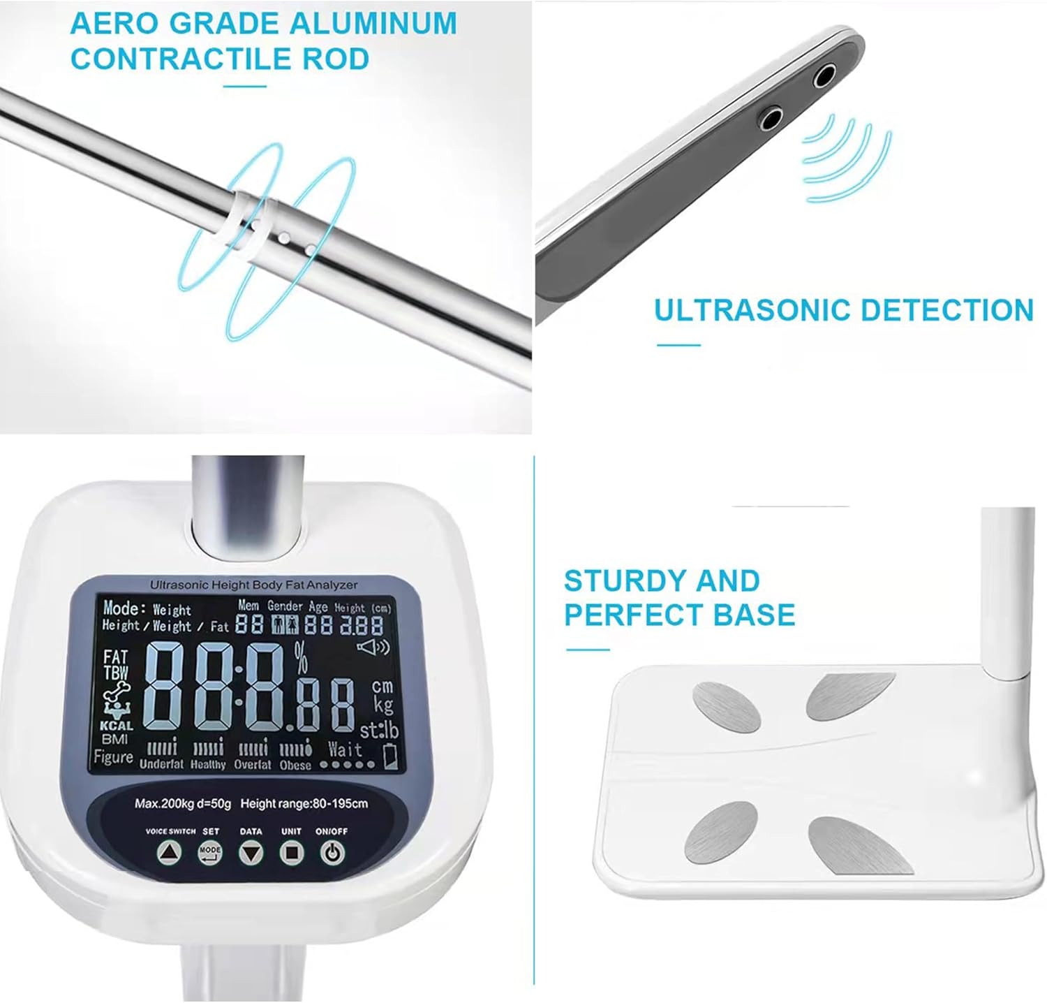 Professional Digital Height & Body Fat Analyzer - Retractable Medical Scale with Voice Announcement, 440lbs/200kg Weight Capacity - Calculator for Home, Gym, School & Clinic Use
