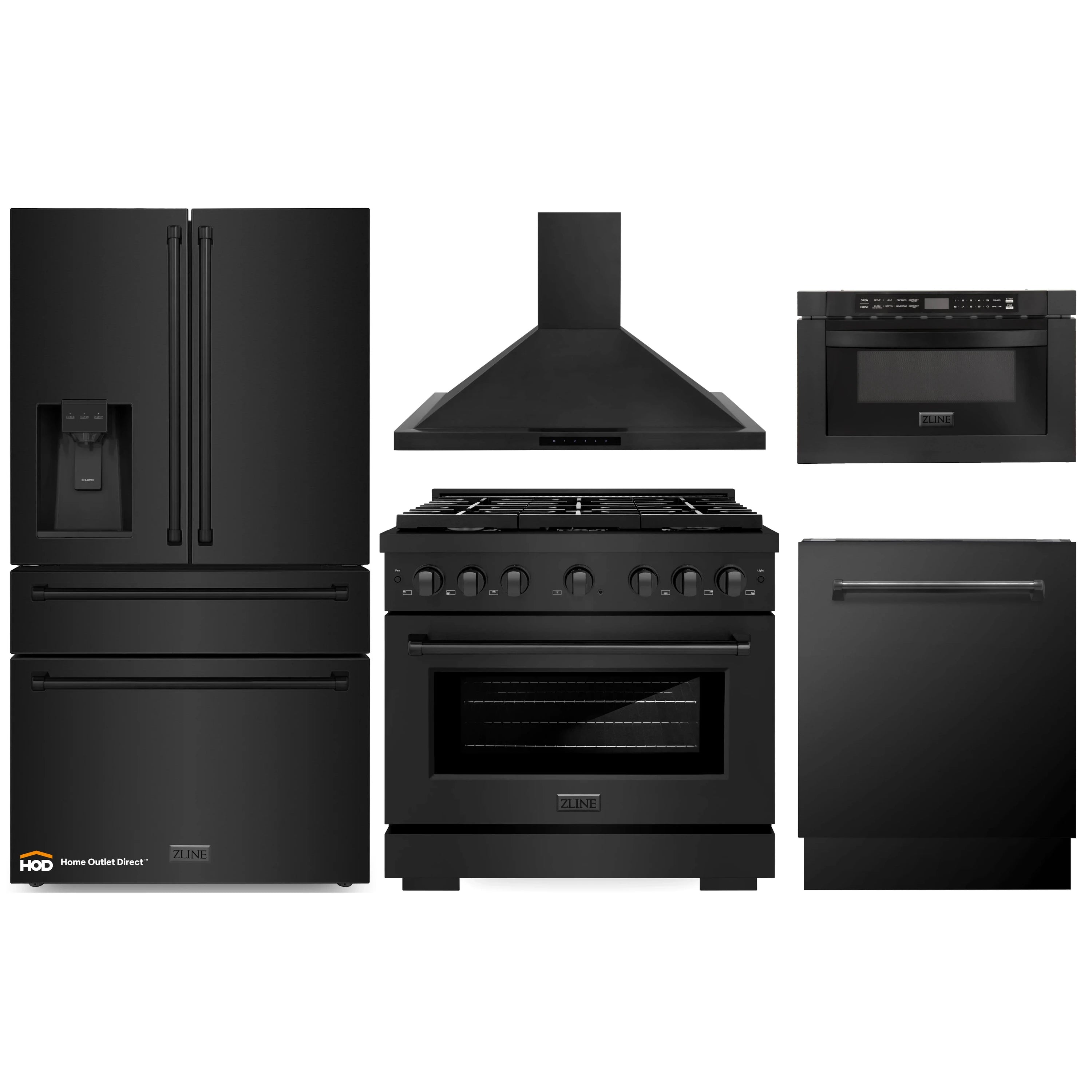 ZLINE 5-Piece Appliance Package - 36-Inch Gas Range, Refrigerator with Water Dispenser, Convertible Wall Mount Hood, Microwave Drawer, and 3-Rack Dishwasher in Black Stainless Steel (5KPRW-SGRBRH36-MWDWV)