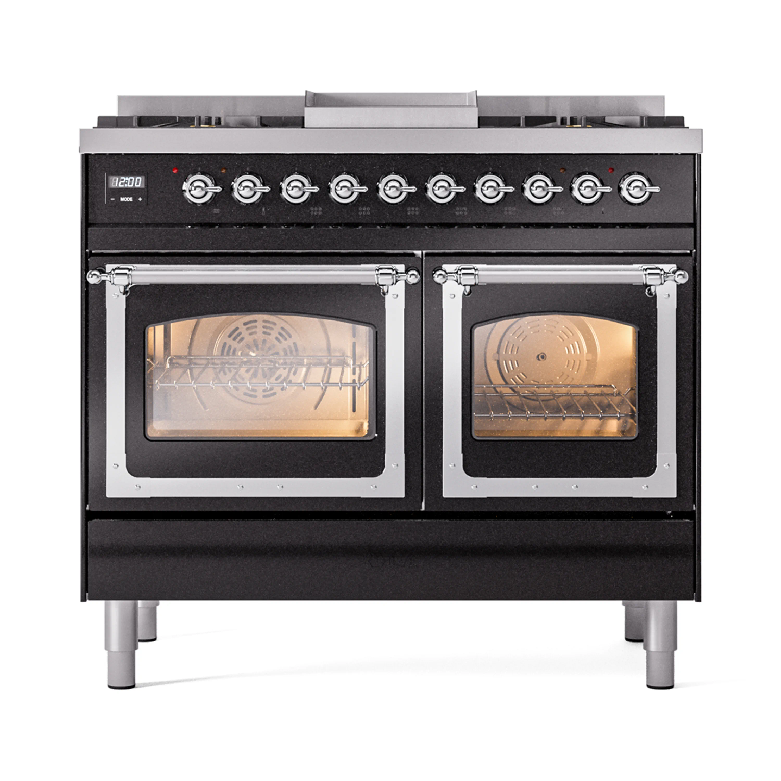 ILVE 40-Inch Nostalgie II Noblesse Dual Fuel Range with Triple Glass Door Oven in Glossy Black with Chrome Trim (UND40FNMPBKC)
