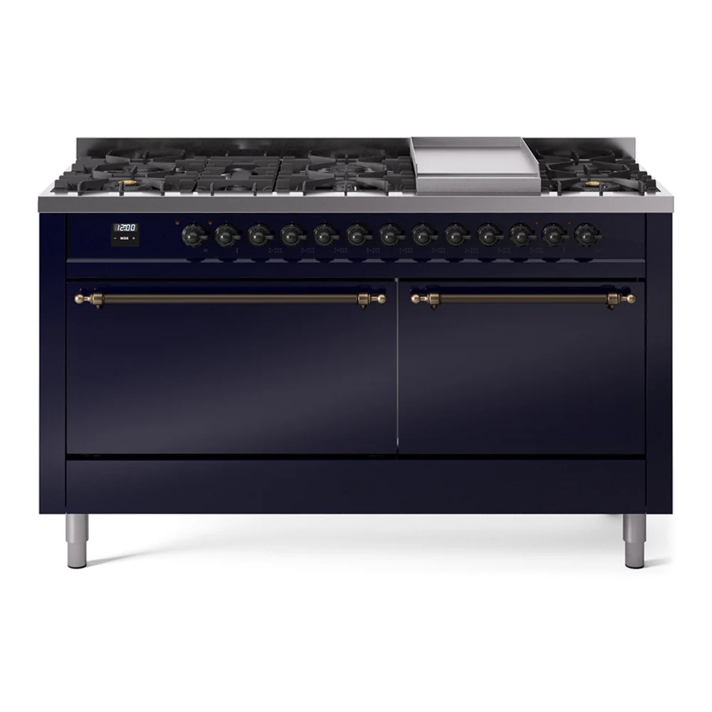 ILVE 60-Inch Nostalgie II Dual Fuel Range with 9 Burners, Griddle, and Solid Door Oven in Midnight Blue with Bronze Trim (UP60FQNMPMBB)