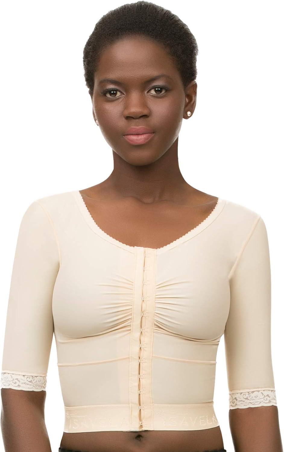Isavela Short Sleeve Breast Surgery Support Bra/Vest (Waist Length) (Bolero) (VS03-SS) (XL, Beige)