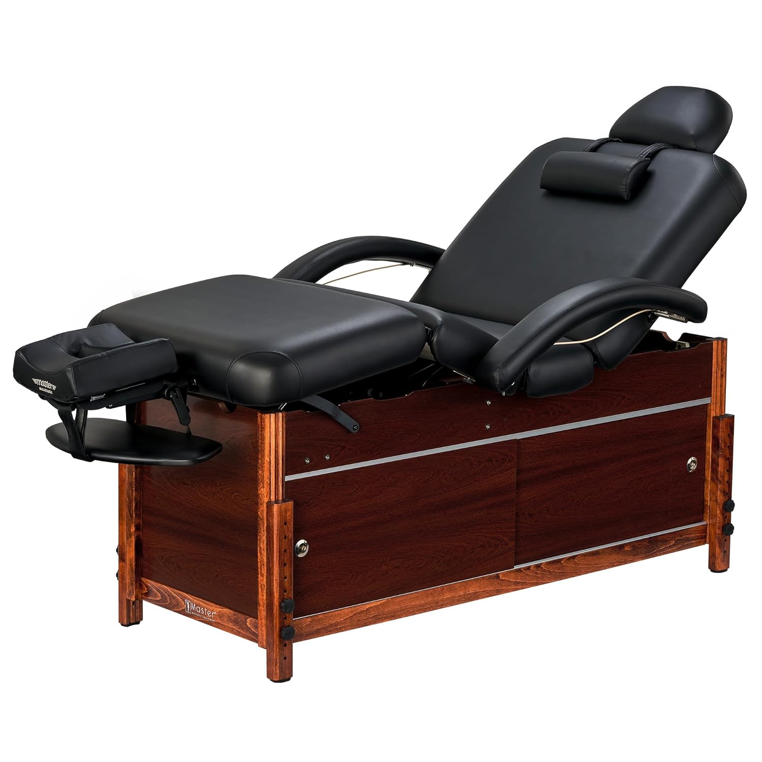 Master Massage Cabrillo Stationary Massage Table - Facial Beauty Lash Bed - 4 Section Salon Spa Bed with Storage Cabinet - Pneumatic Tilting Backrest and Leg Rest, Black with Walnut Legs, 30 Inch