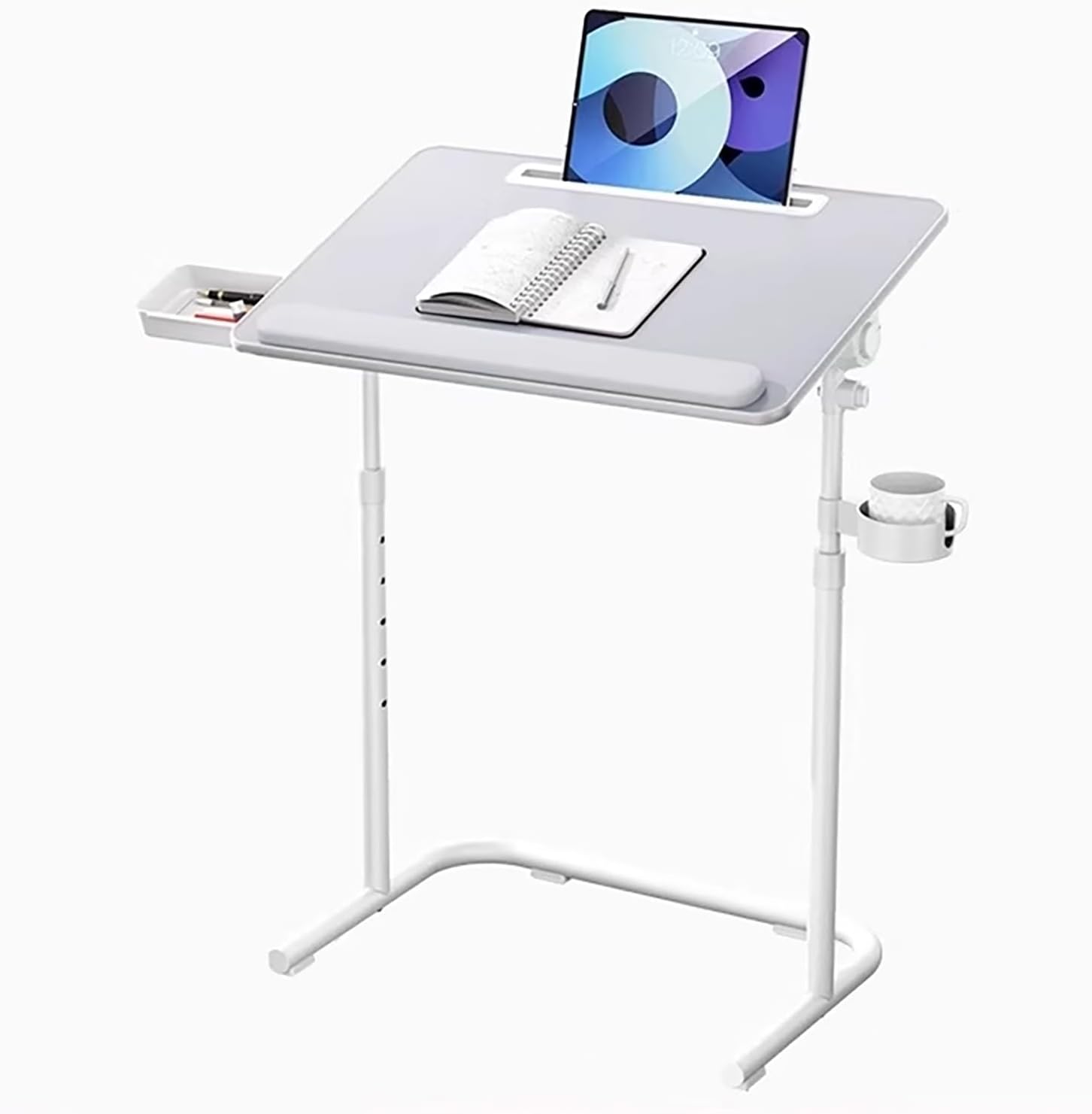 Overbed Bedside Table with Wheels, Adjustable Hospital Bedside Desk, Tiltable Hospital Bed Table Over The Bed, with Cup Holder, for Couch, Home, Office(White)