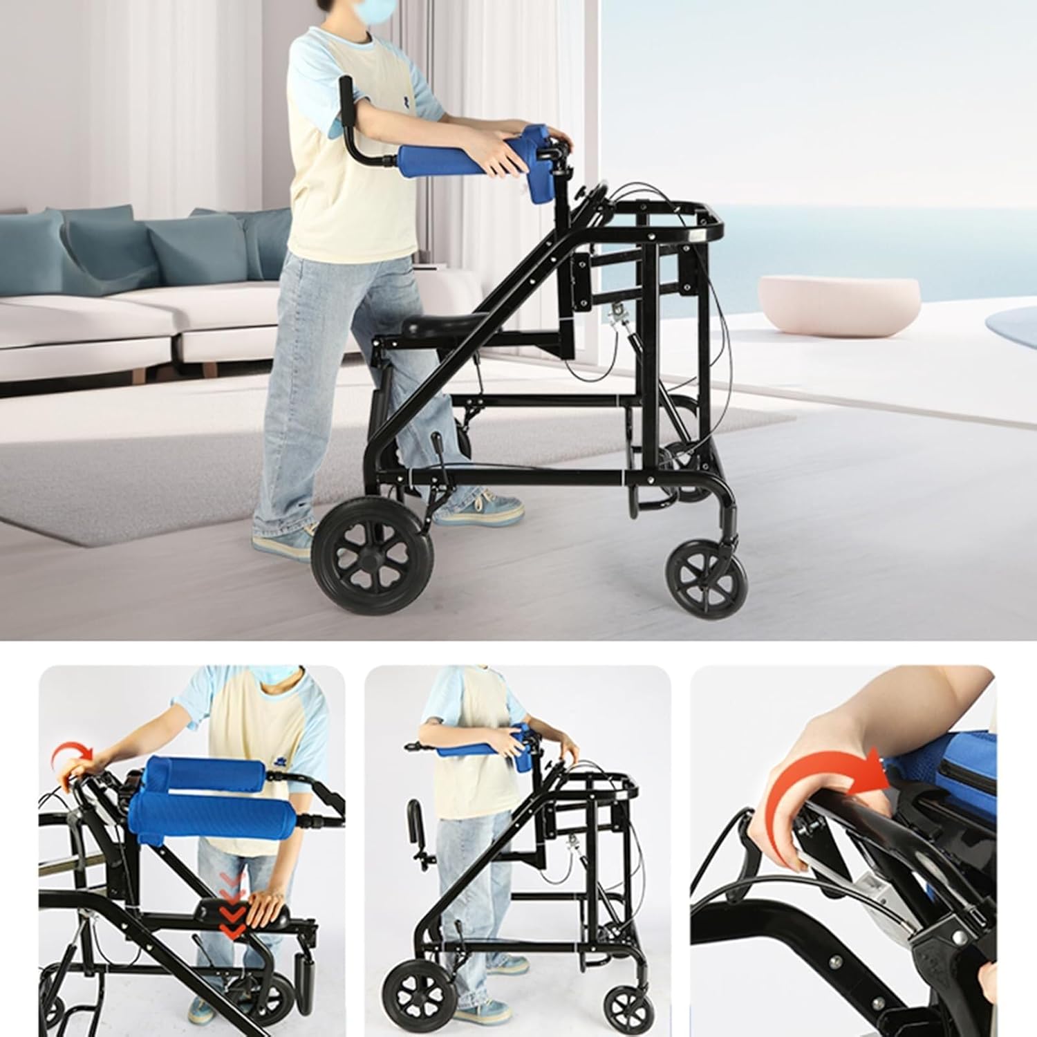 Frame Elderly Walking Aid Wheel Walking Frame with Armrest Support Pad Walking Frame Thick Aluminum Alloy Rehabilitation Auxiliary Walking