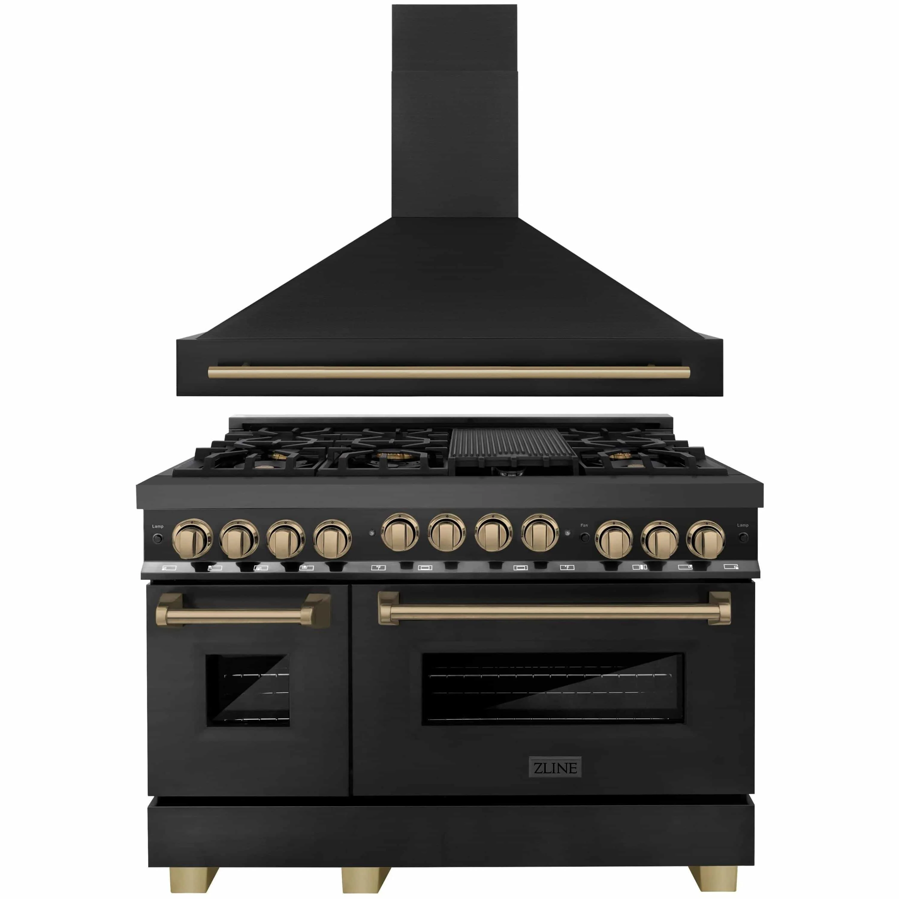 ZLINE Autograph Edition 2-Piece Appliance Package - 48-Inch Dual Fuel Range & Wall Mounted Range Hood in Black Stainless Steel with Champagne Bronze Trim (2AKP-RABRH48-CB)