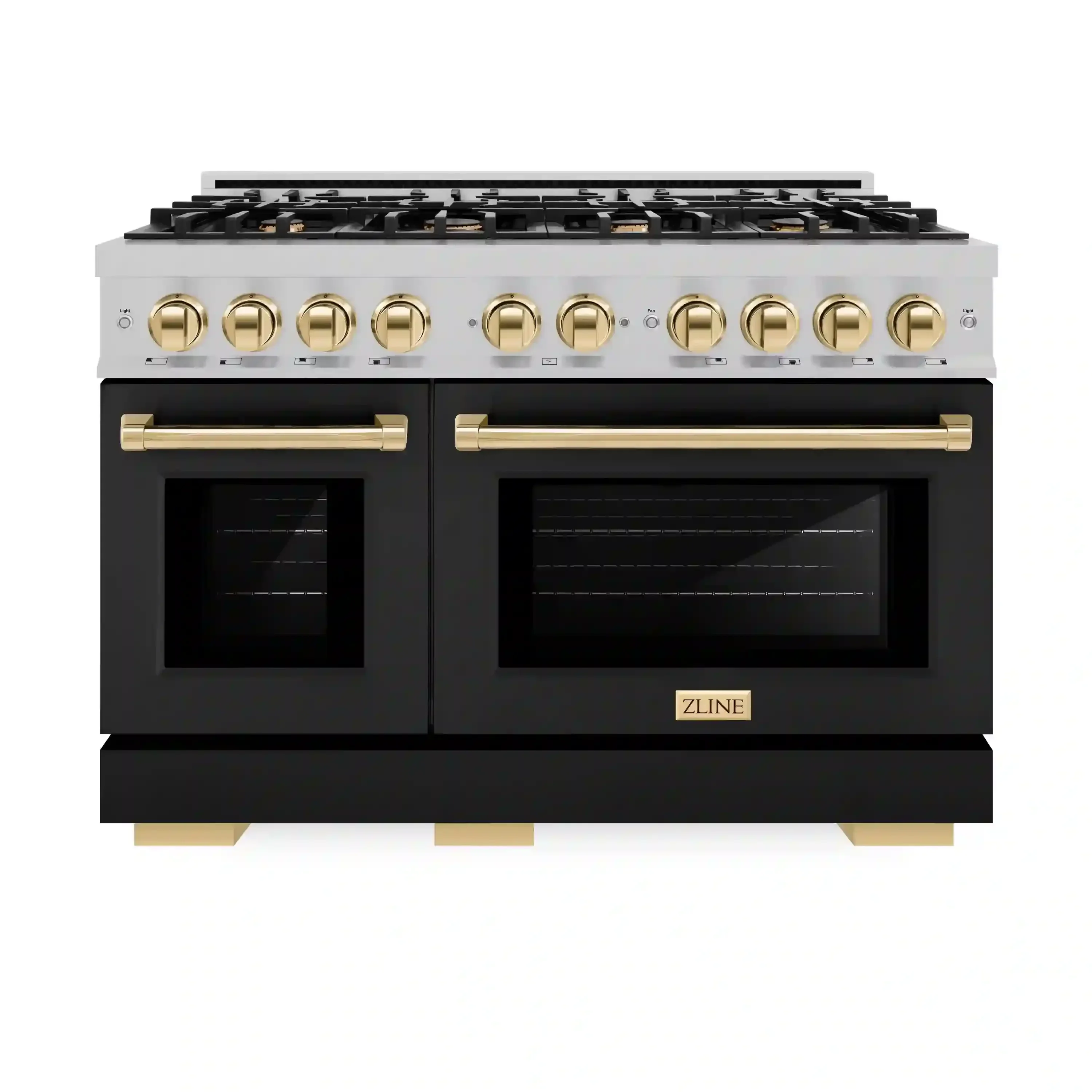 ZLINE Autograph Edition 48-Inch Select Series Double Oven Dual Fuel Range with 8 Gas Burner Cooktop and 6.7 Cu. Ft. Electric Convection Oven in Satin Stainless Steel with Black Matte Doors and Polished Gold Accents (HDRSZ-BLM-48-G)