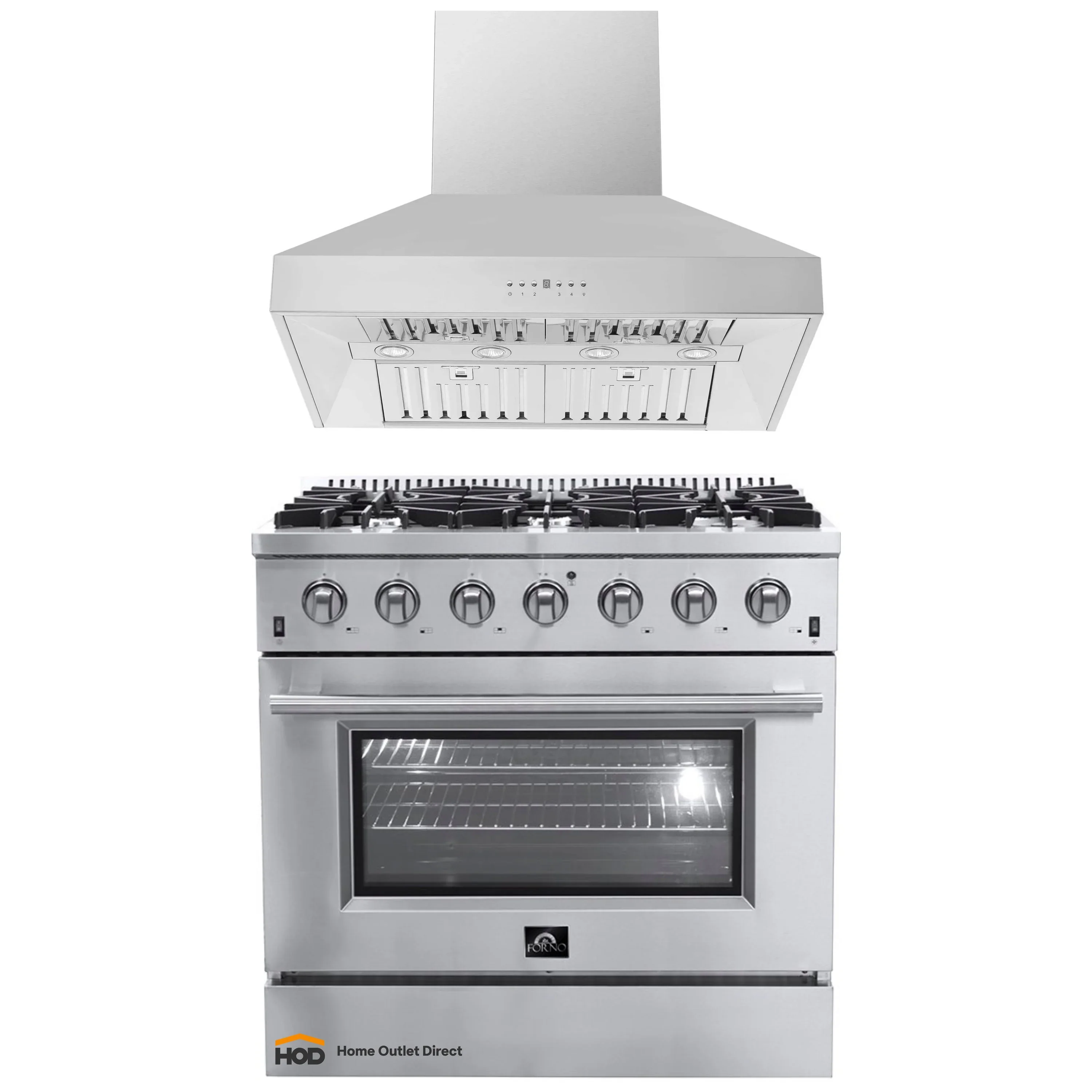 Forno 2-Piece Appliance Package - 36-Inch Gas Range & Wall Mount Hood in Stainless Steel