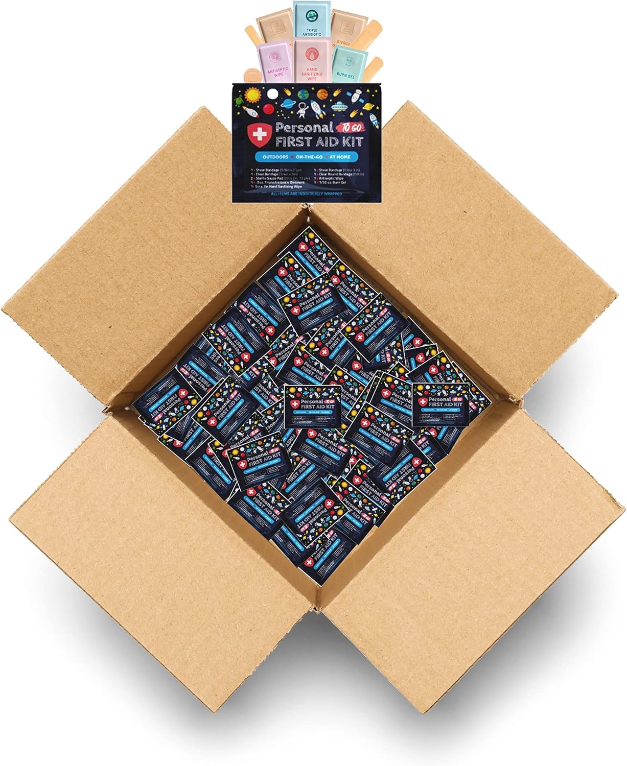 Personal First Aid Kit - Case of 80 | Clean, Treat, Protect Minor Cuts, Scrapes and Burns | Perfect for Home, Office, Car, School, Business, Camping | Individually Wrapped First Aid Products (Space)