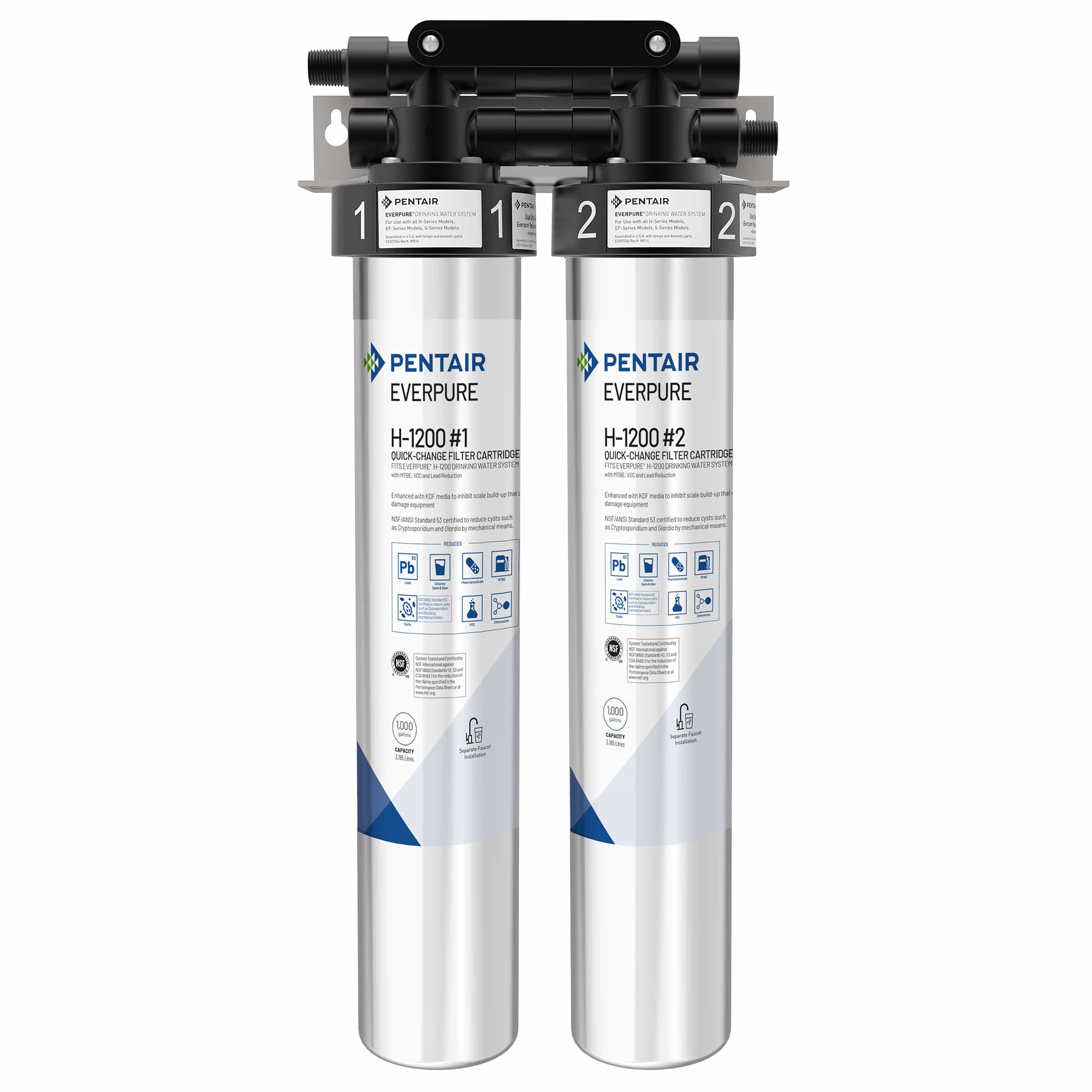 Pentair Everpure H-1200 Drinking Water System, NSF Certified to Reduce PFOA/PFOS, Dual Cartridge System Includes Filter Head, Cartridges and all Hardware, 1,000 Gallon Capacity, 0.5 Micron (EV928200)