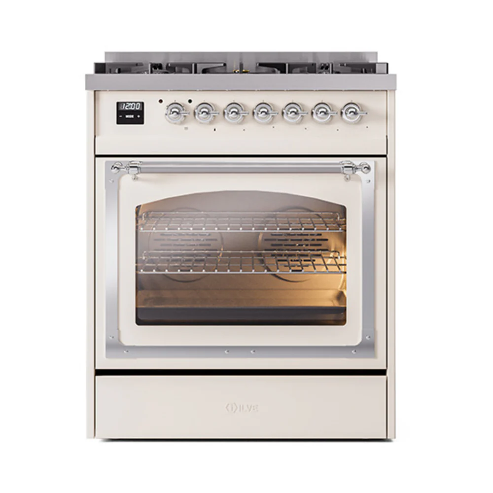 ILVE Nostalgie II Noblesse 30-Inch Dual Fuel Range with Triple Glass Door in Antique White with Chrome Trim (UN30NMPAWC)