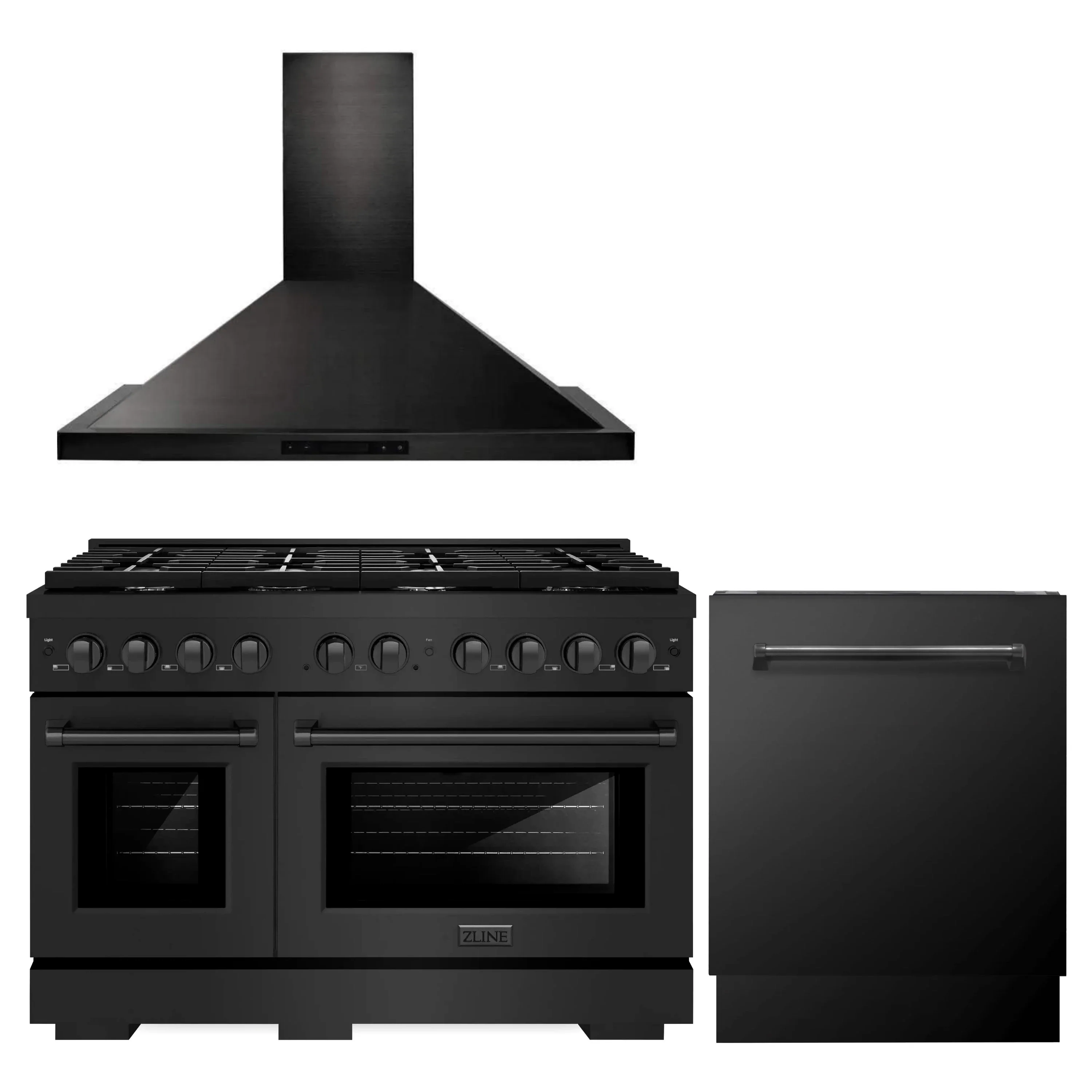 ZLINE 3-Piece Appliance Package - 48-Inch Gas Range, Convertible Wall Mount Hood, and 3-Rack Dishwasher in Black Stainless Steel (3KP-SGRBRH48-DWV)