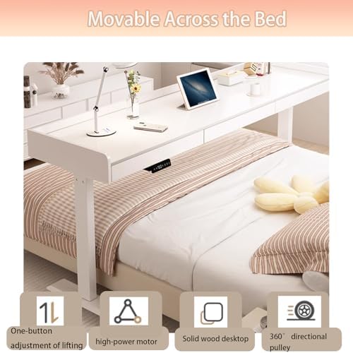 Adjustable Overbed Table with Wheels - Mobile Laptop Cart, Electric Lift Height & Drawer, Standing Workstation for Home Office & Hospital Use