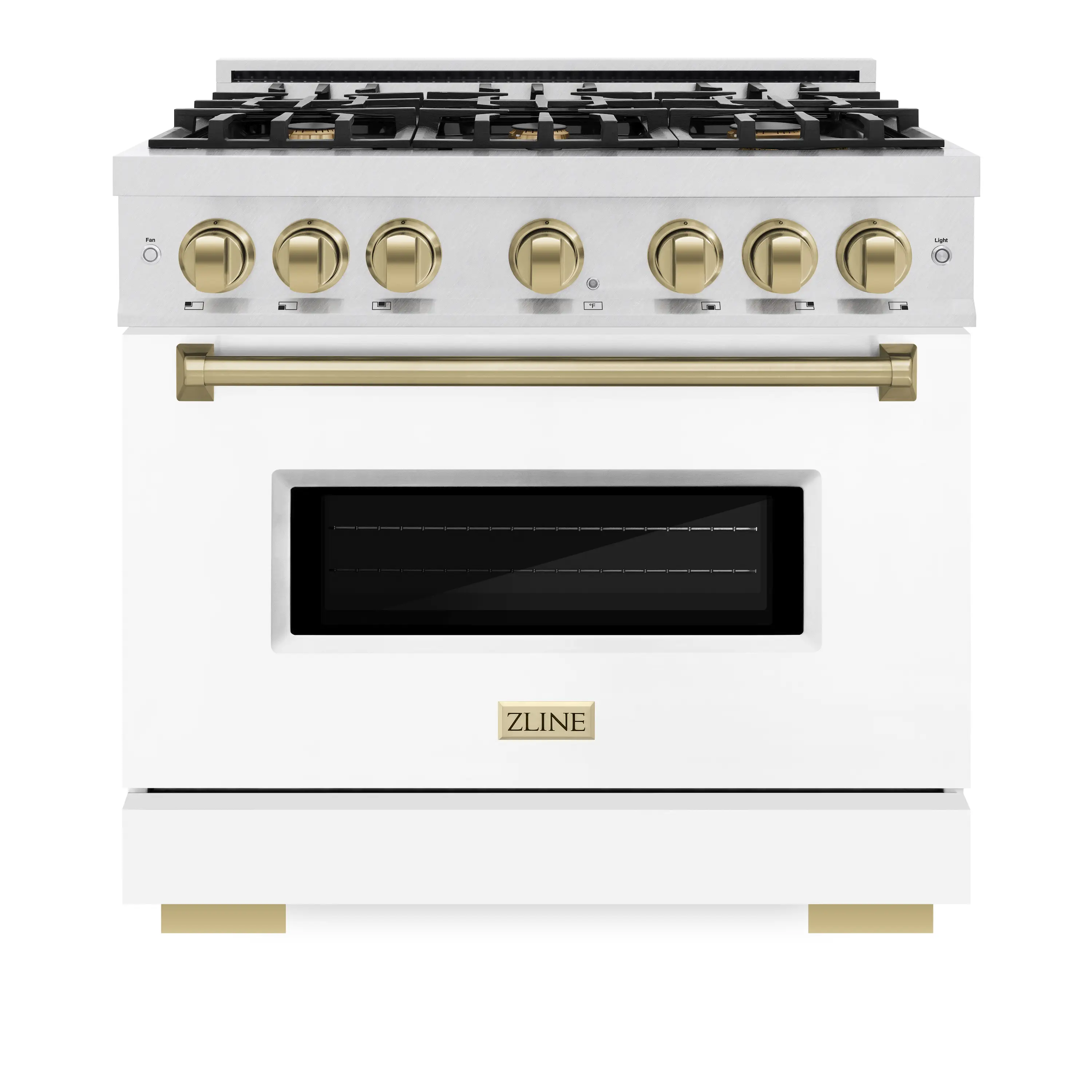 ZLINE 36-Inch Autograph Edition Freestanding Gas Range in Satin Stainless Steel with White Matte Door and Champagne Bronze Accents (CGRSZ-WM-36-CB)